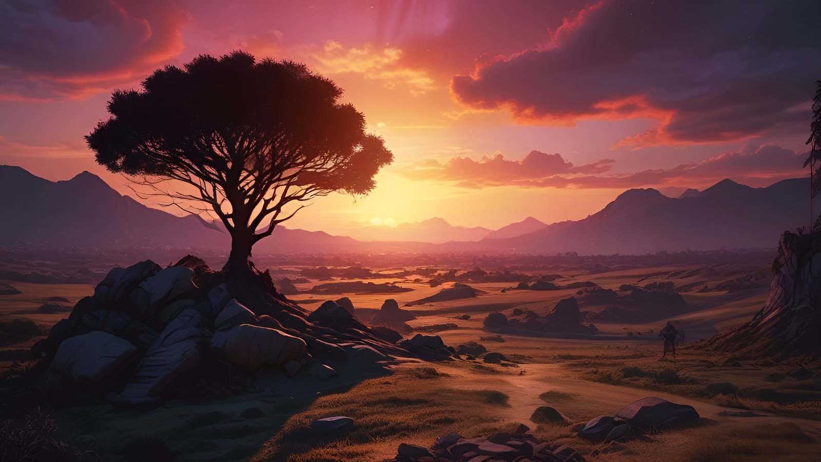 A creative photograph of a silhouetted acacia tree on a rock pile at sunset with gold grassland and a small traveler on a dirt path