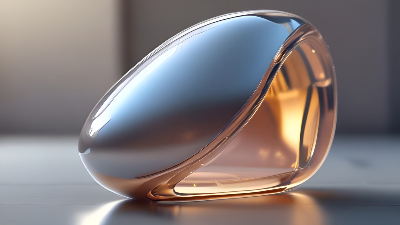 An abstract art glass egg form with a silver blue surface and amber copper interior on a reflective table