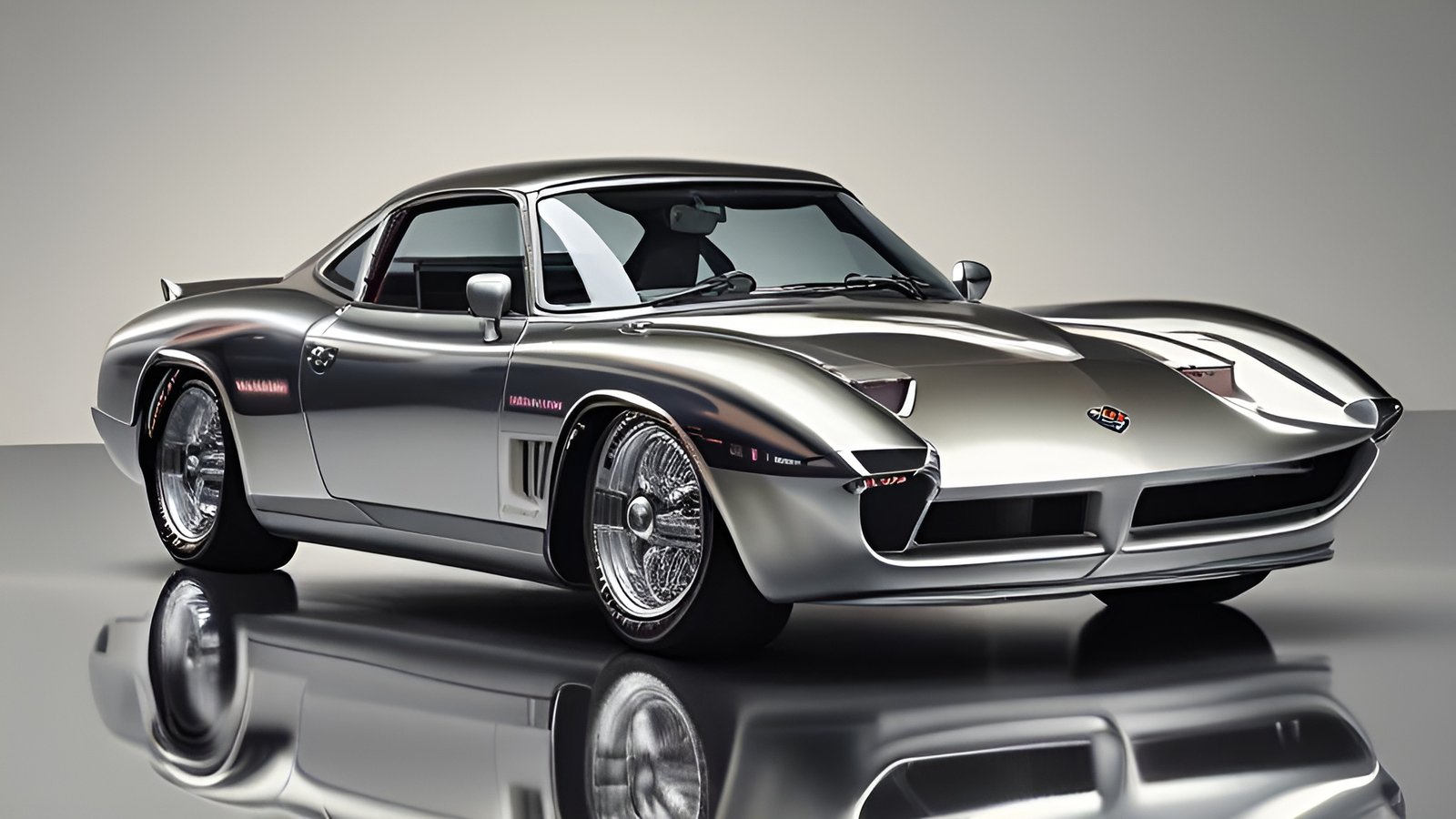 A silver De Tomaso Pantera style classic car in a studio with chrome wheels on reflective surface