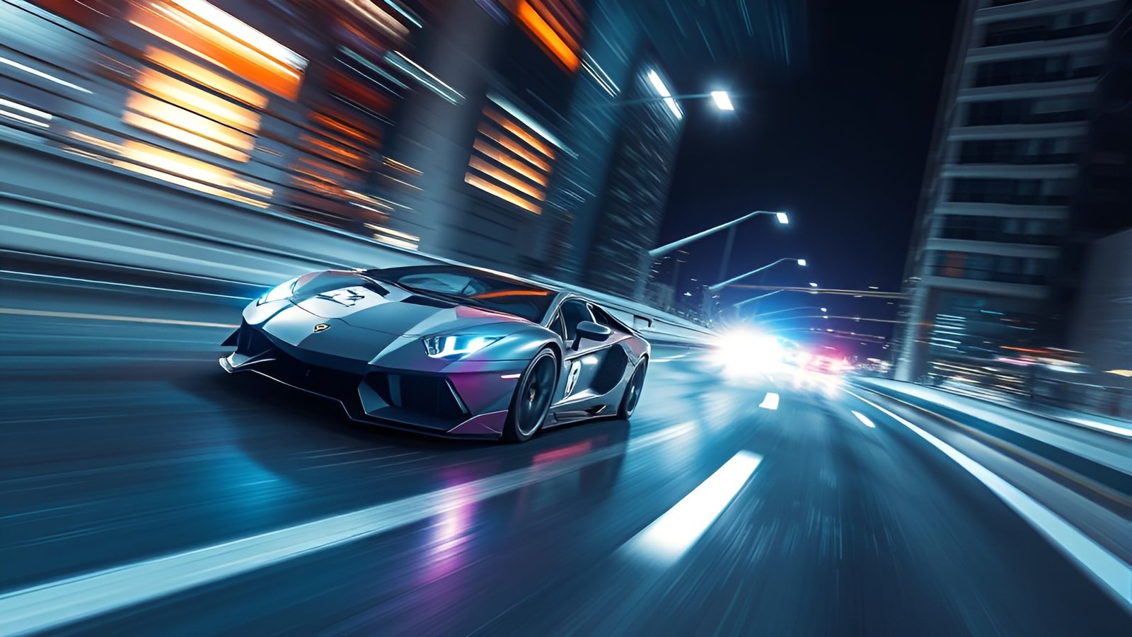 A 3d poster art of a silver Lamborghini style supercar on a wet city street with blue neon at night
