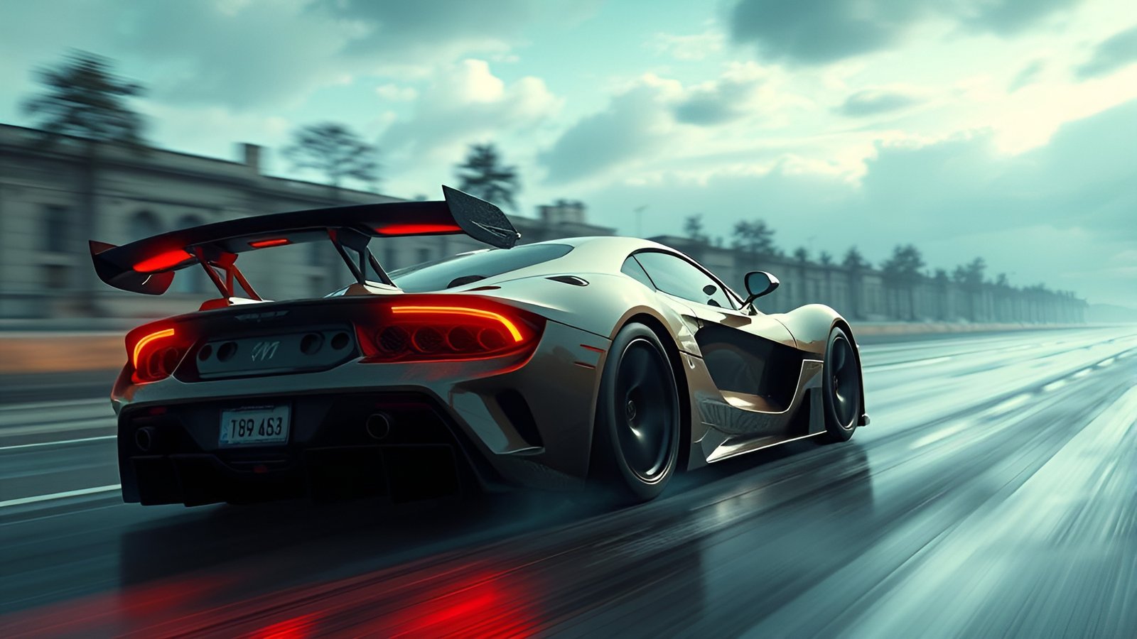 A 3d poster art silver supercar on a wet track with palm trees