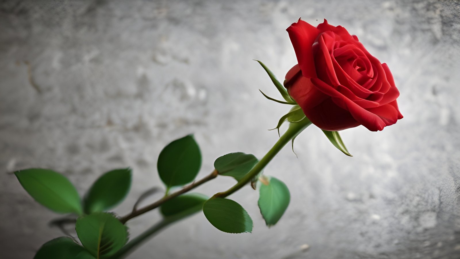 A floral photograph of a single red rose with a green stem and leaves against a gray concrete wall