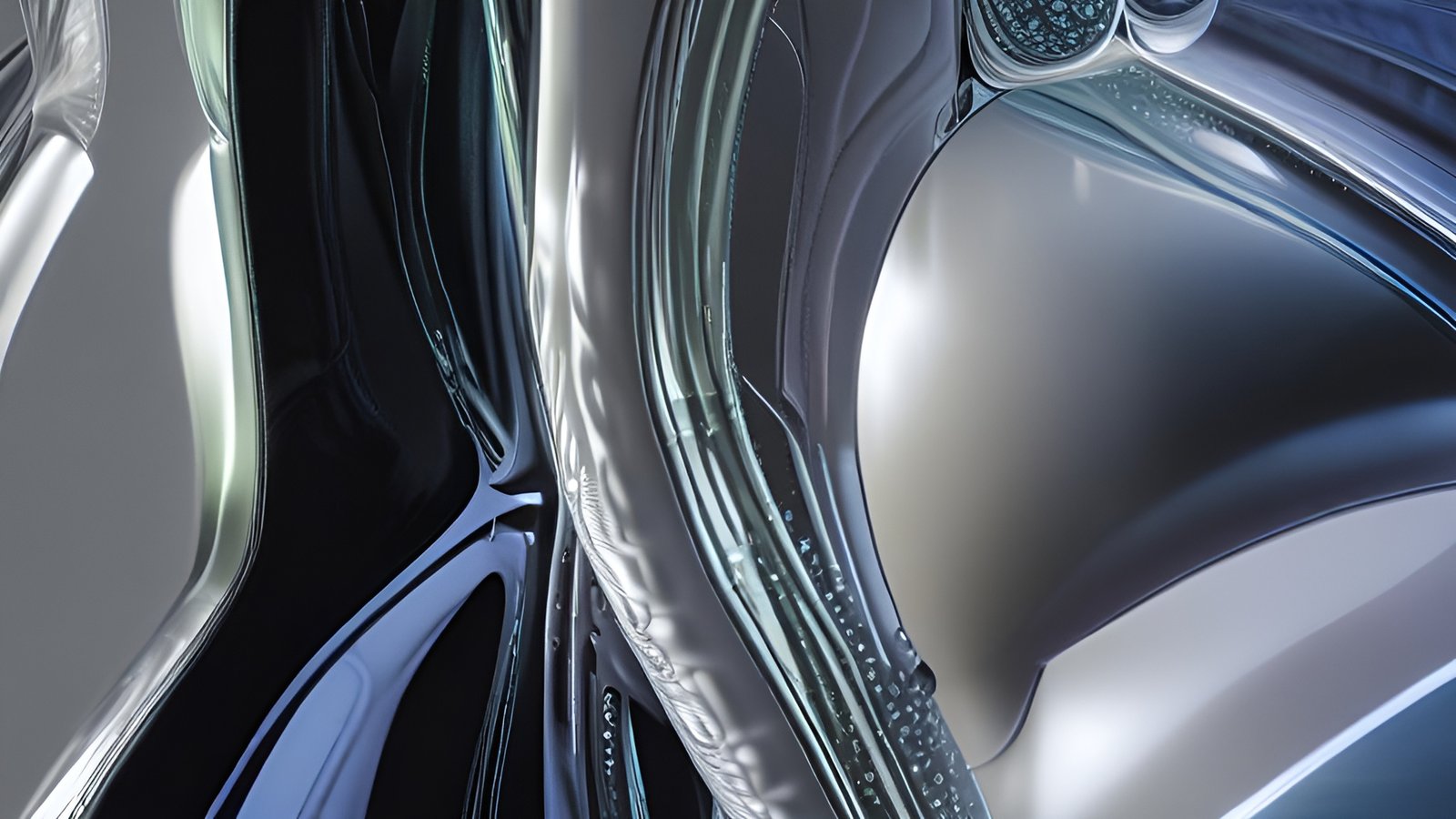 An abstract art of smooth chrome black and silver curved metal forms with pale highlights
