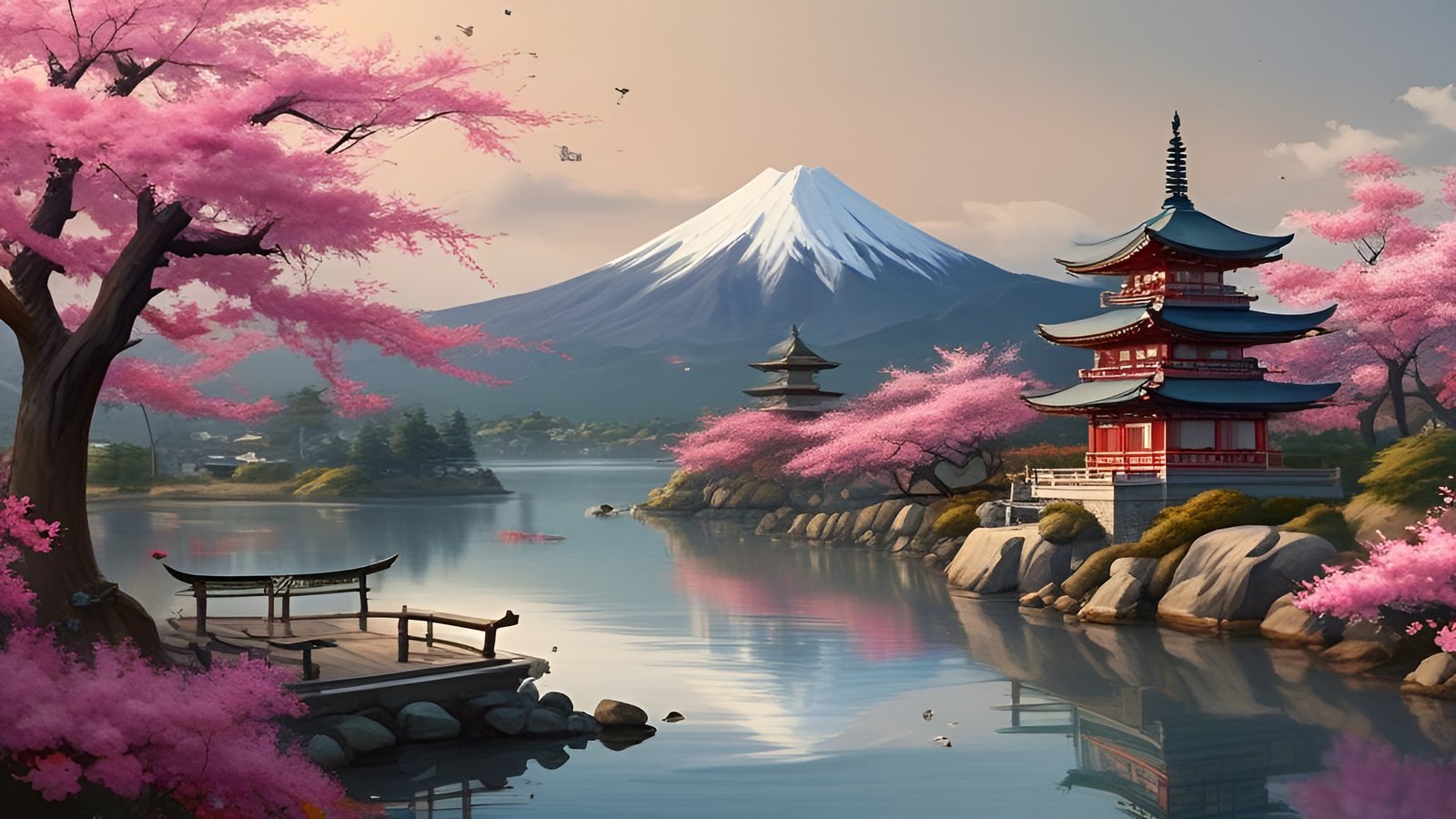 An oil painting style of snow-capped Mount Fuji beyond a lake with a red five-story pagoda, pink cherry trees, and a wooden dock with a small torii