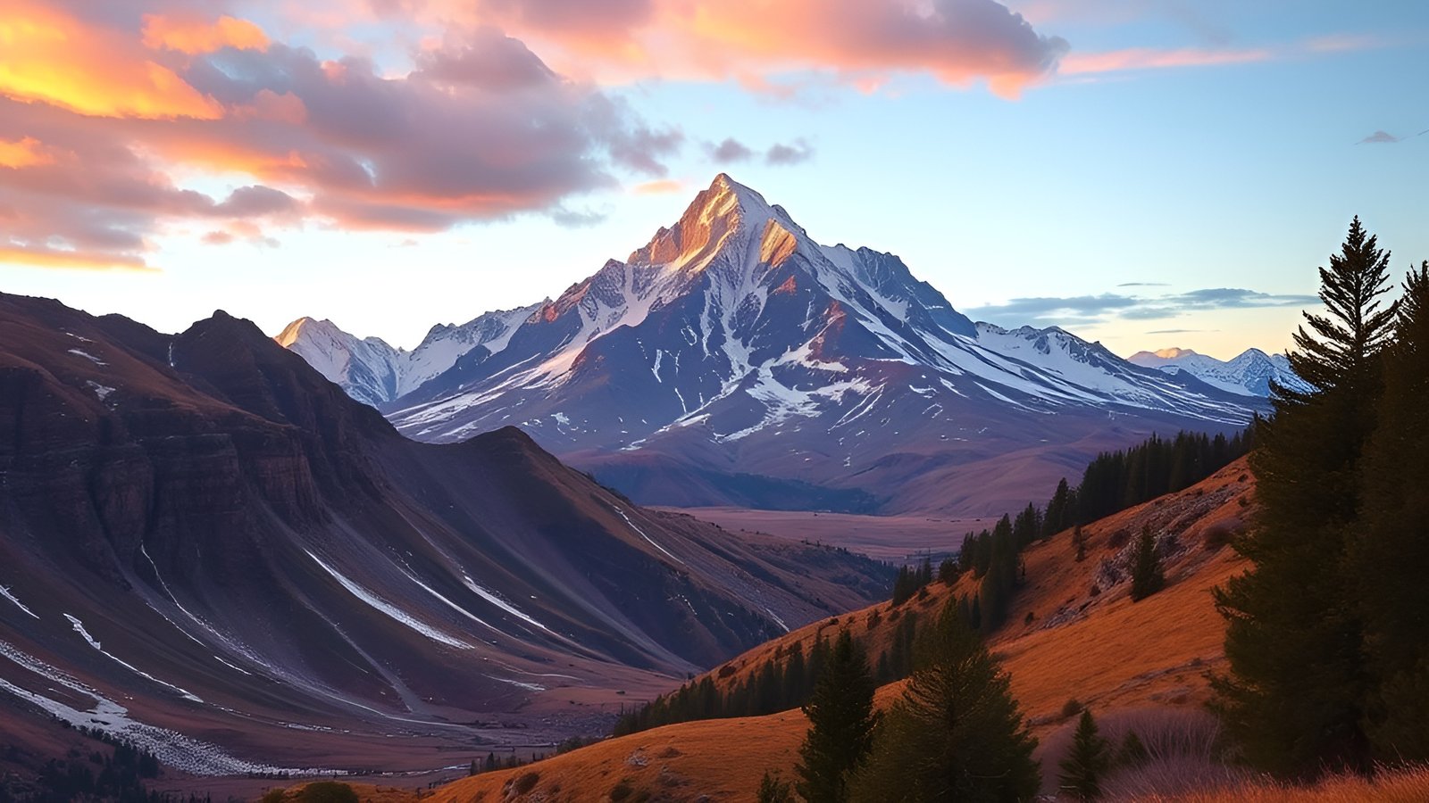 A nature photograph of a snow peak mountain valley with orange tundra and pines in alpenglow