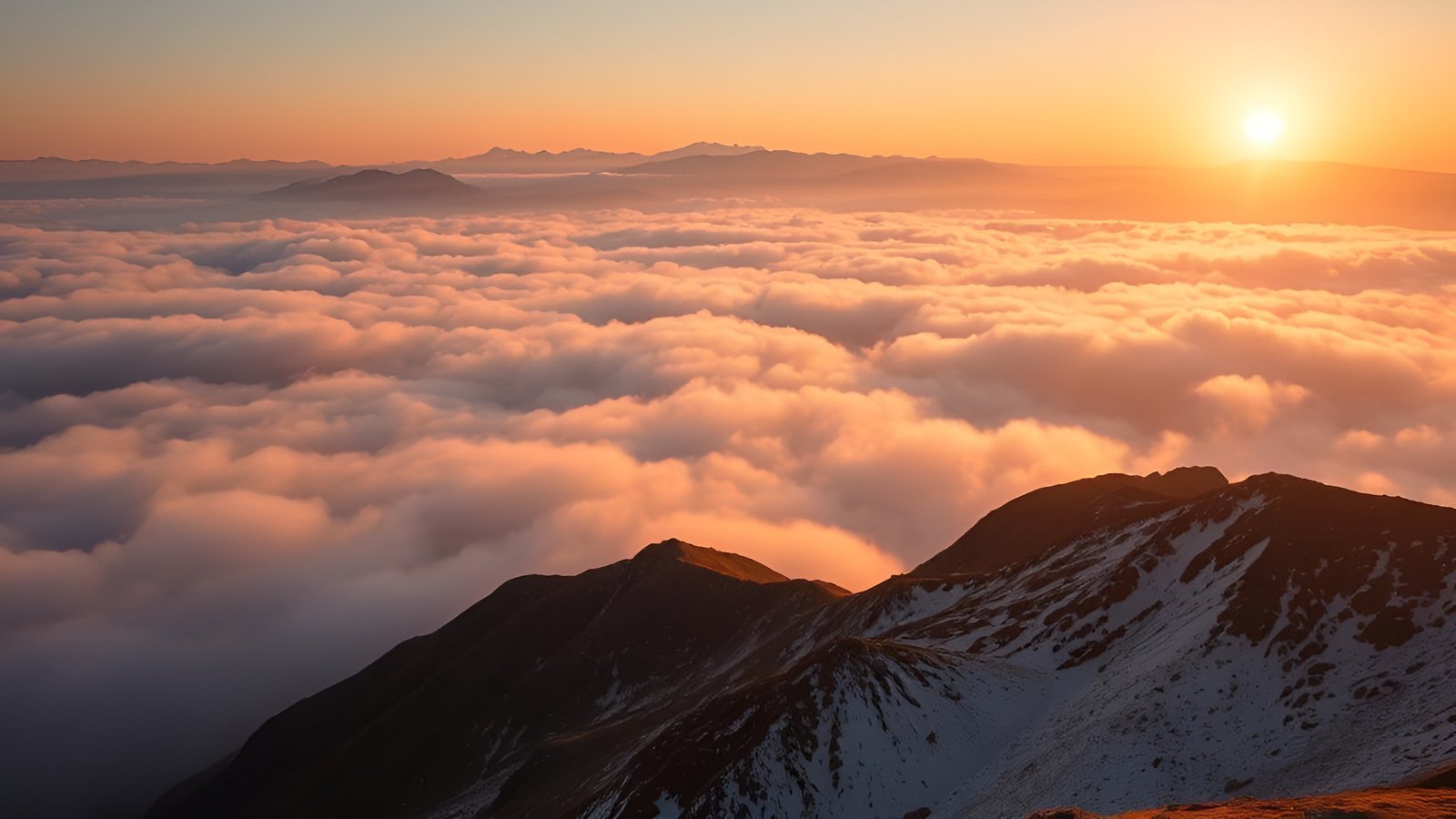 Snowy mountain peaks rising above orange cloud sea in warm sunrise light