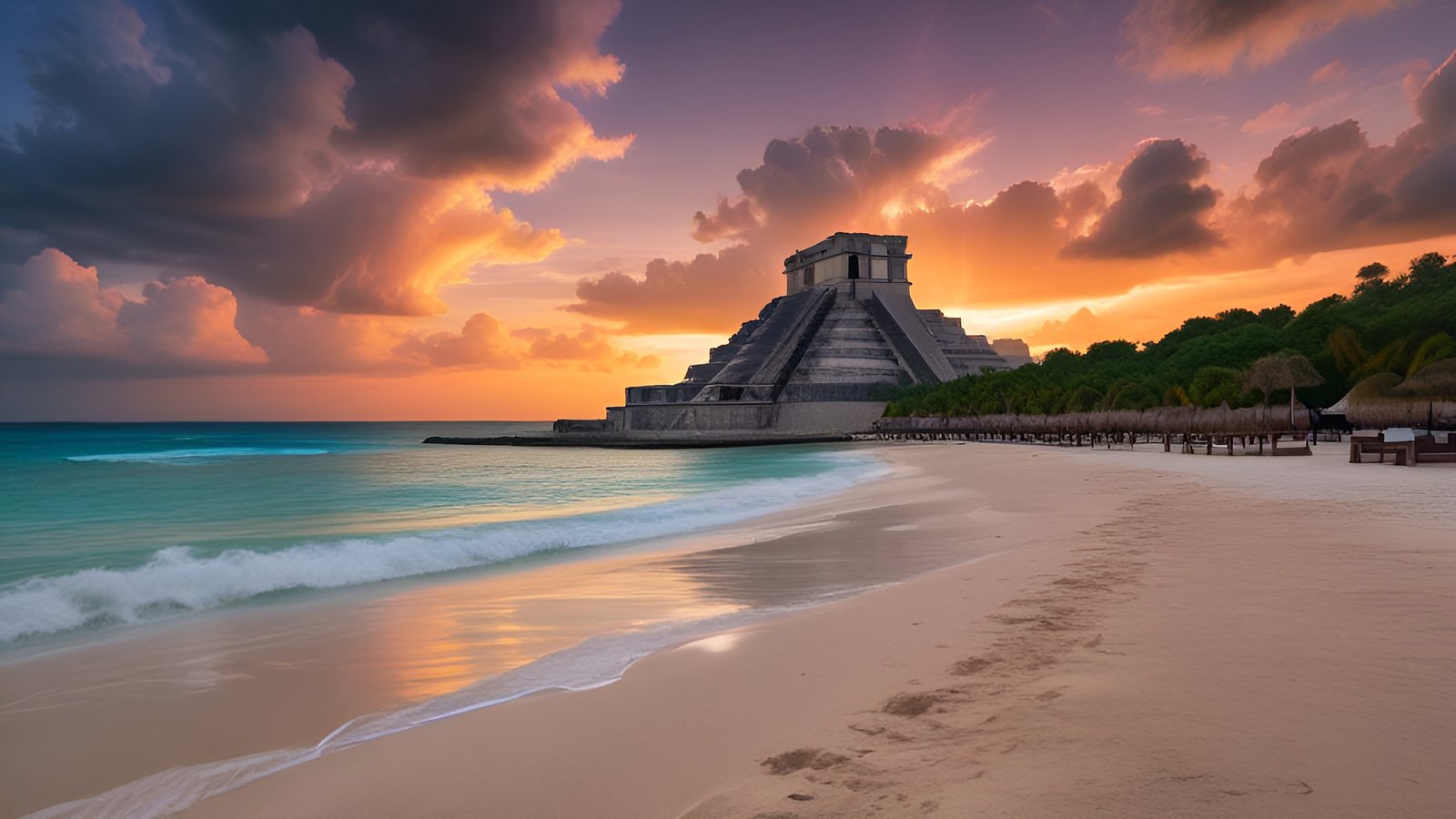 A creative photograph of a stepped Maya pyramid at the edge of a turquoise beach at sunset with thatched umbrellas and palm trees