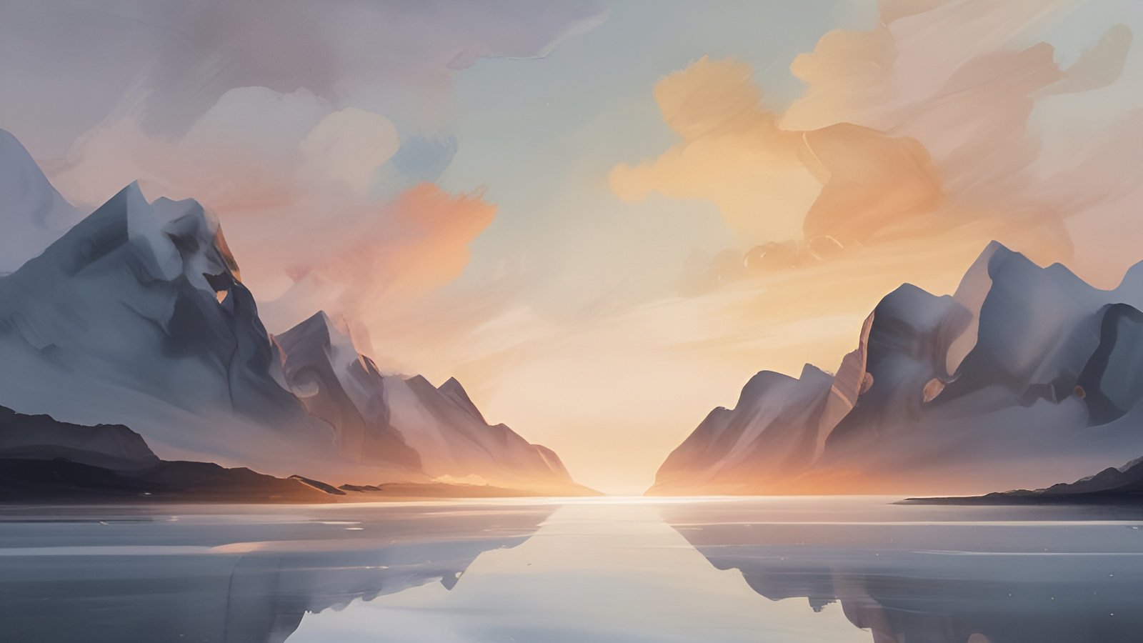 A watercolor painting style still lake between blue gray mountain ranges at sunrise with a peach and gold sky mirrored in calm water