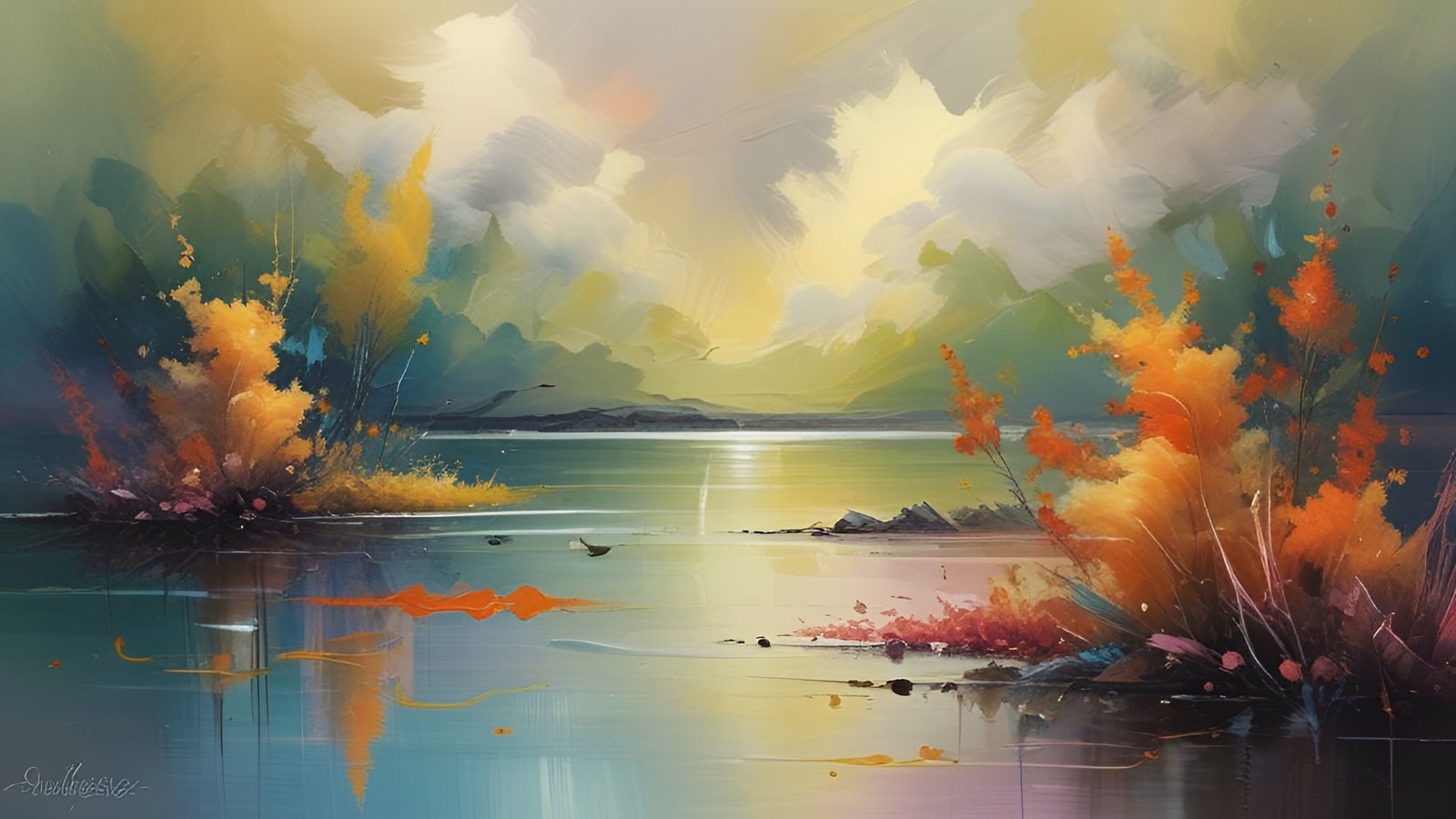 An oil painting style still lake with orange and gold shrubs, teal banks, and a yellow cloudy sky