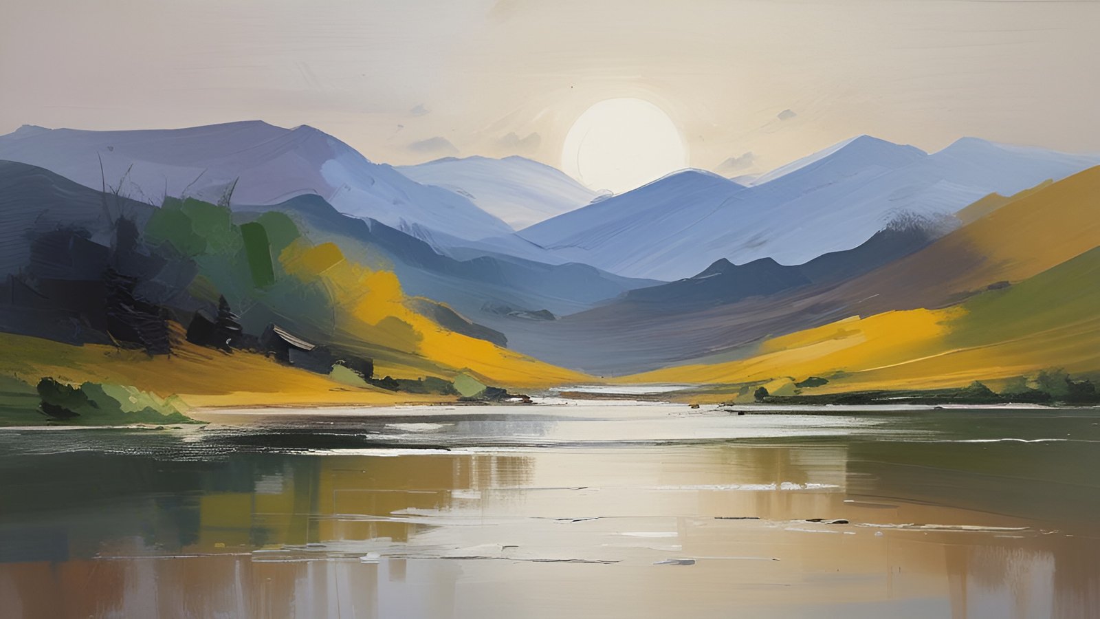 An oil painting style still lake reflecting a pale sun, yellow hills, dark trees, and blue mountain ridges