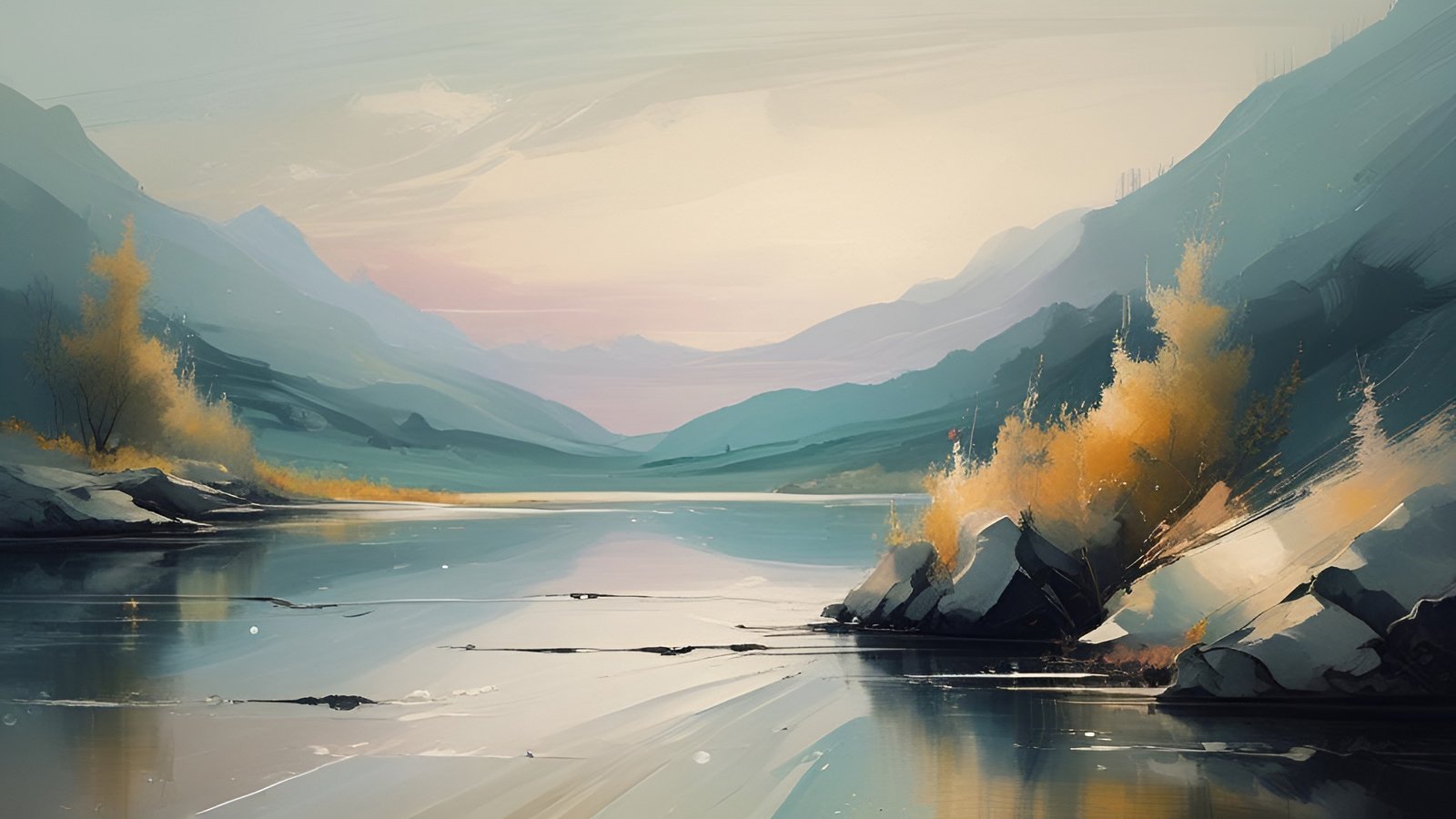 An oil painting style still mountain lake with gold shrubs, pale rocks, and teal slopes under a cream sky