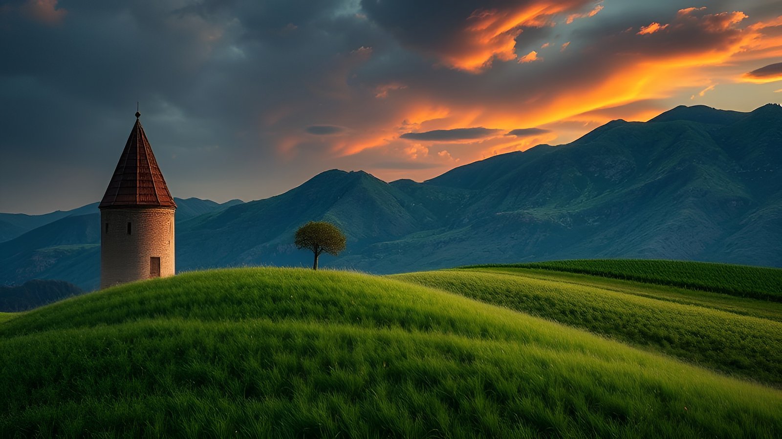 A creative photograph of a stone tower with a red conical roof and a lone tree on a green hill at sunset