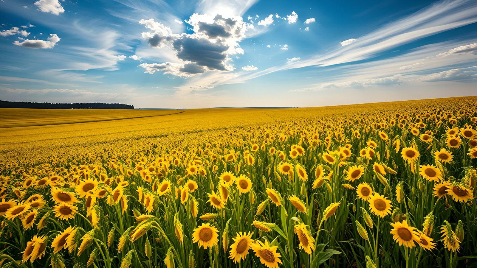 A nature photograph of a sunflower field under a blue sky with golden crop