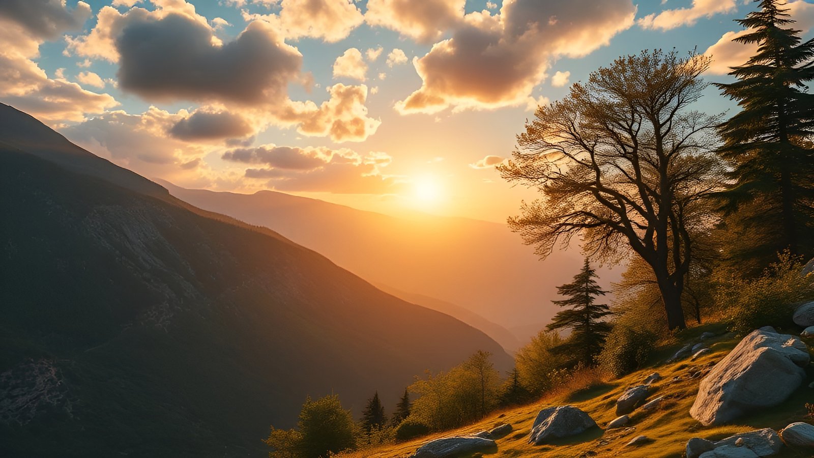 A nature photograph of sunset over a mountain valley with a spreading tree, evergreens, and gold grass