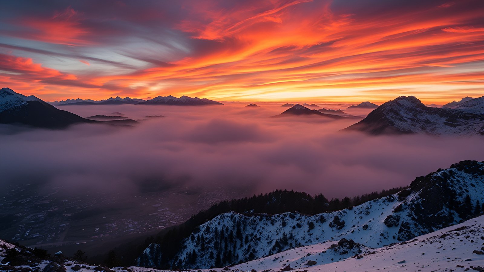Sunset over snowy mountains with fog layer and orange streaked sky above alpine range