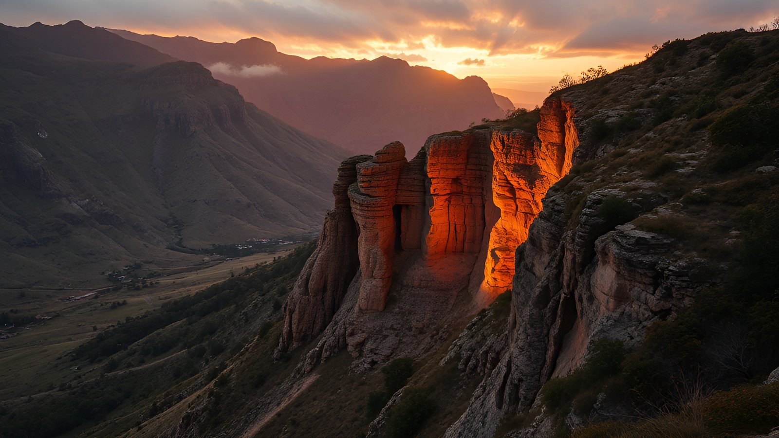 Sunset lighting orange glow on rock formations in mountain valley with cloud cover