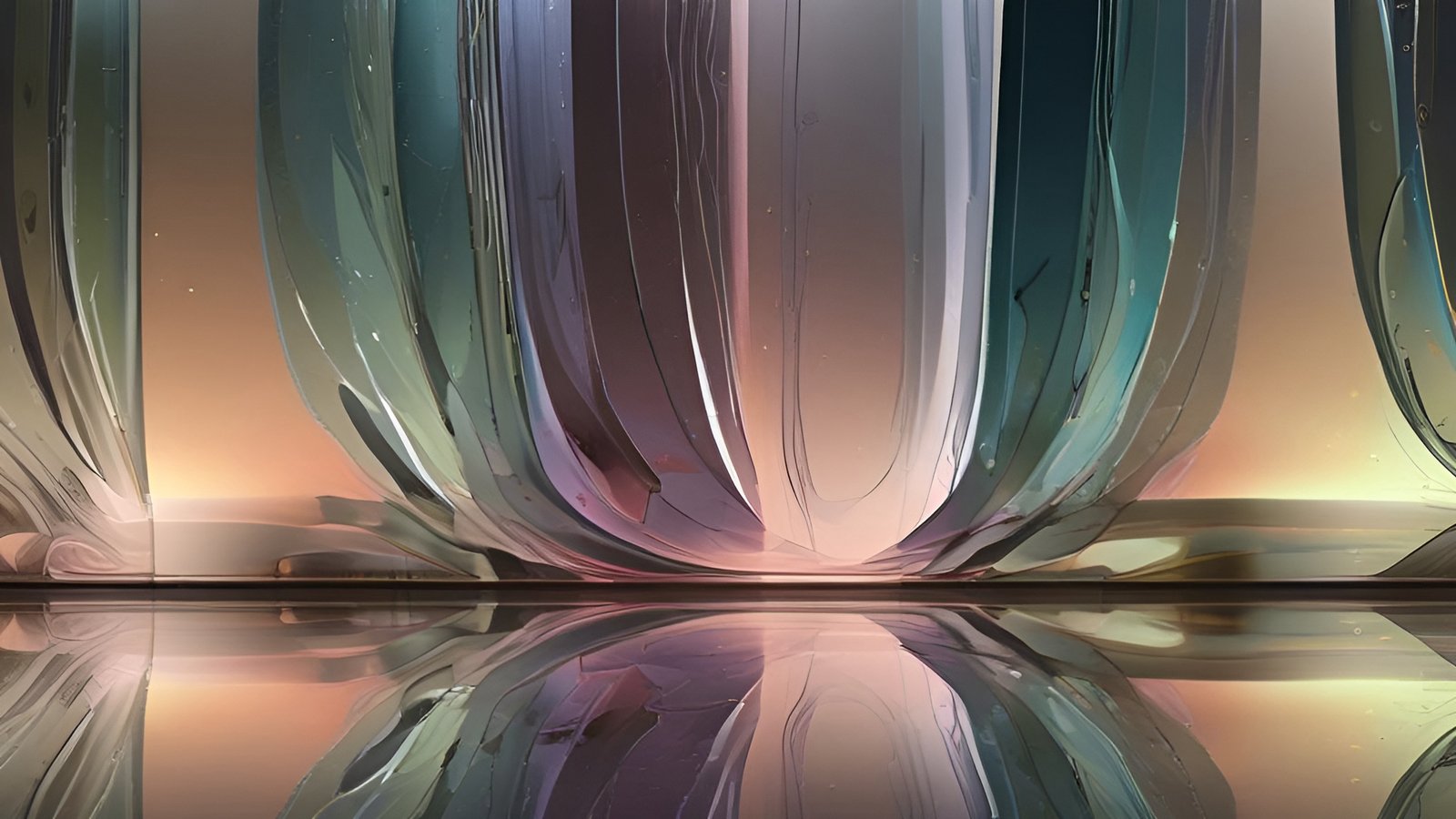 An abstract art of tall translucent panels in teal rose and amber over a mirrored floor in warm studio light
