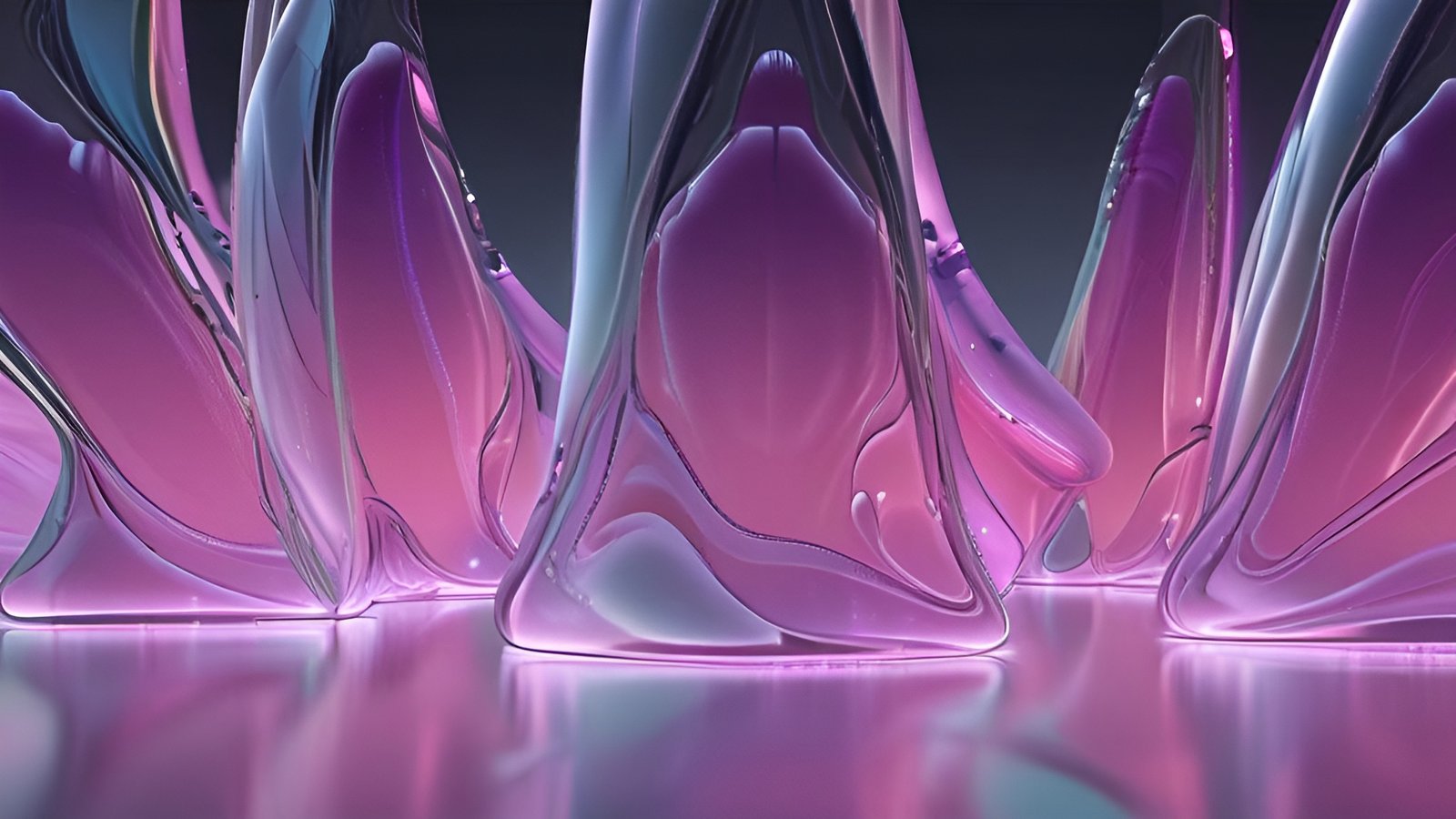 An abstract art of tall translucent purple pink glass peaks on a glossy floor against dark gray