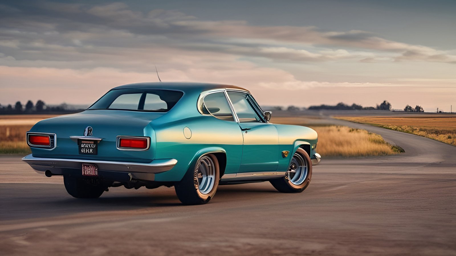 A creative photograph of a teal vintage coupe on a rural two-lane road at dusk with a chrome bumper and wide tires