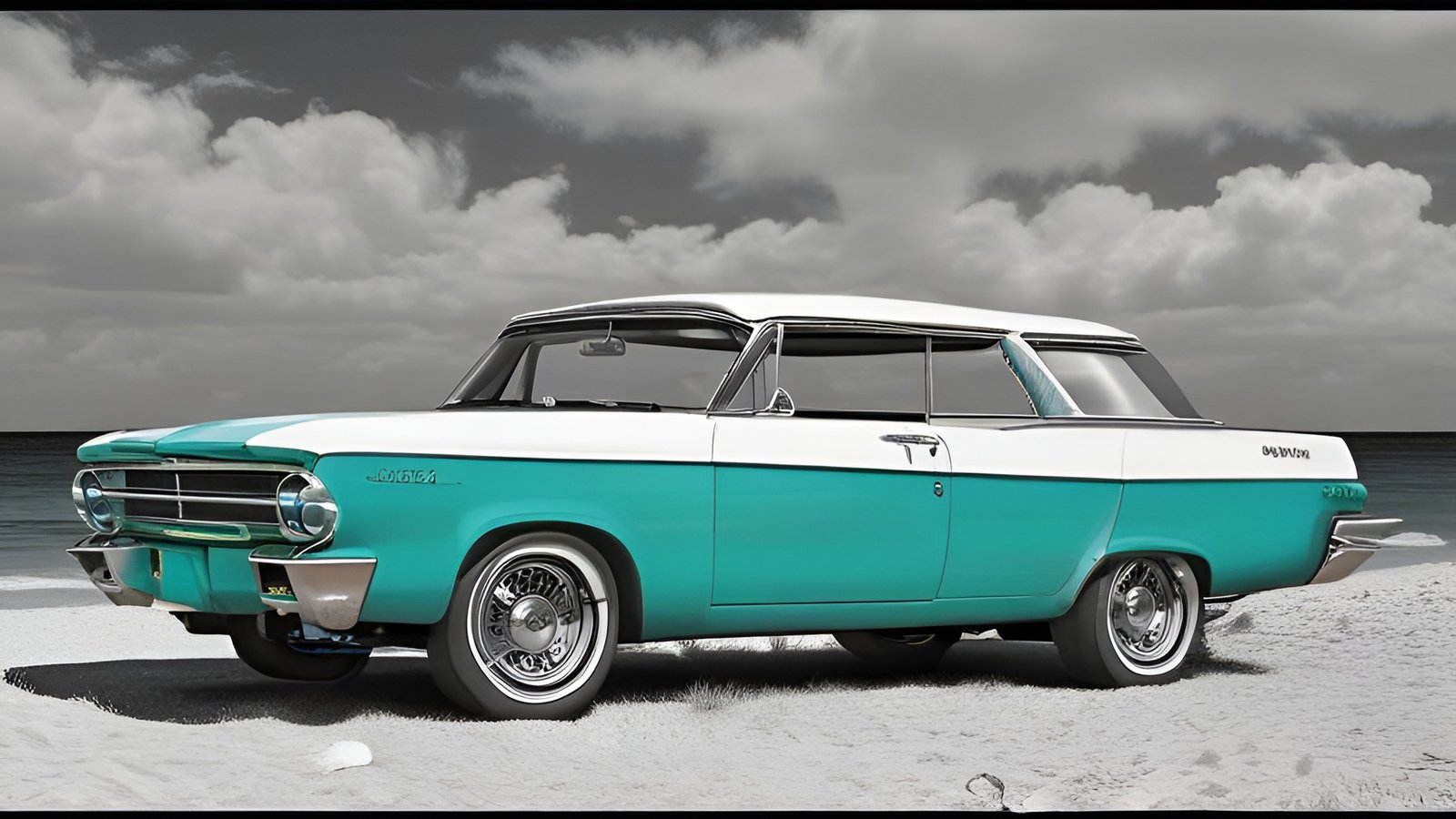 A creative photograph of a teal and white 1960s station wagon parked on pale sand under a gray cloudy sky with a chrome grille and whitewall tires