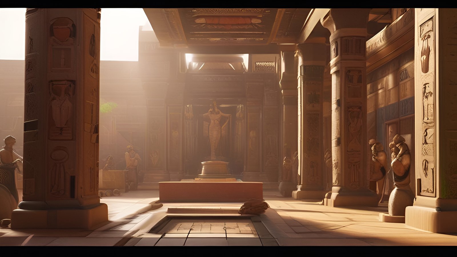 A 3d poster art temple hall with a standing statue on a red plinth, carved columns, a beamed ceiling, and sun shafts