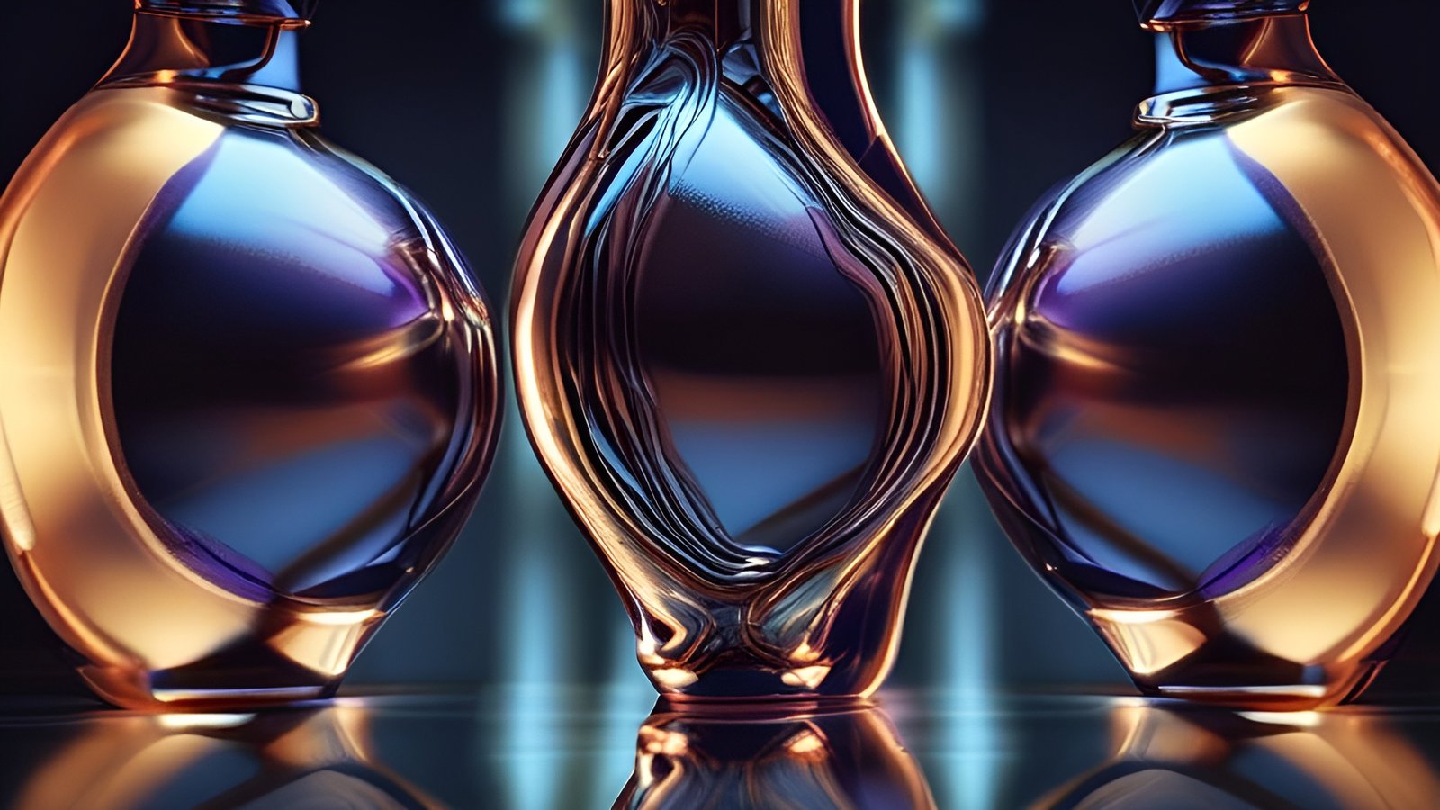A 3d poster art of three glass bottles in gold and blue on a dark reflective table