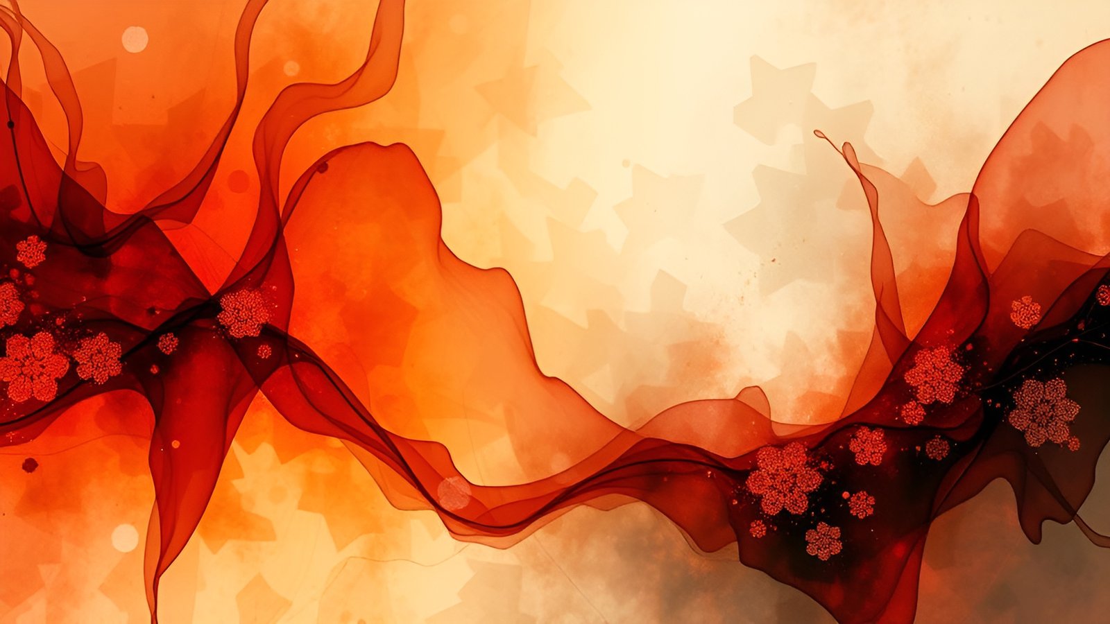 An abstract art of translucent red orange silk ribbons with flower dots on a gold sky