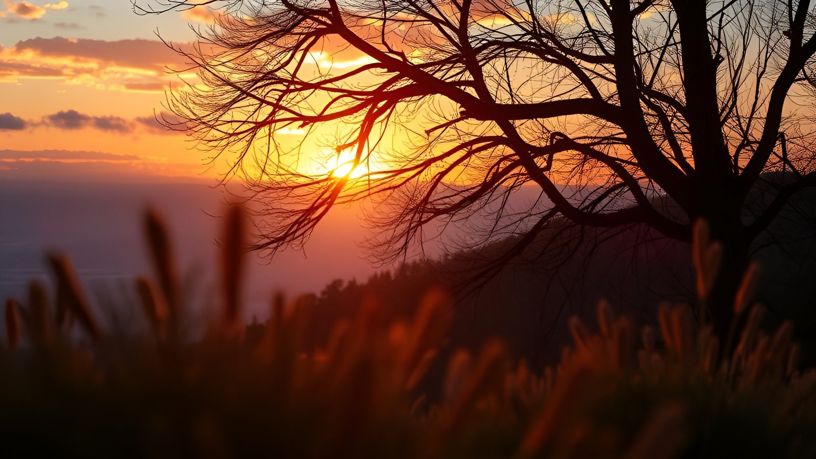 A nature photograph of a tree silhouette at orange sunset with pampas grass