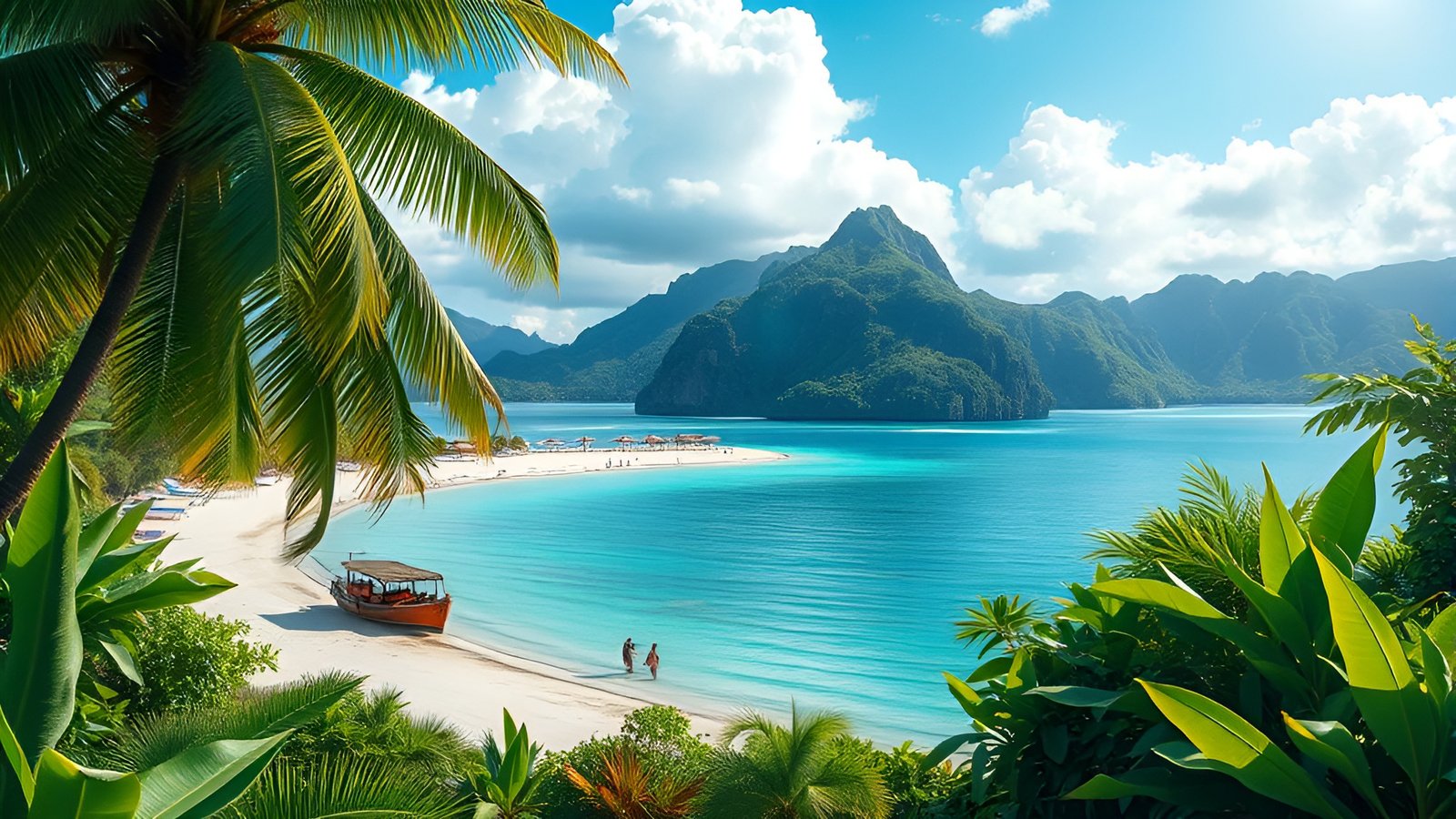 Tropical beach with palm trees and blue lagoon surrounded by green mountains and white sand