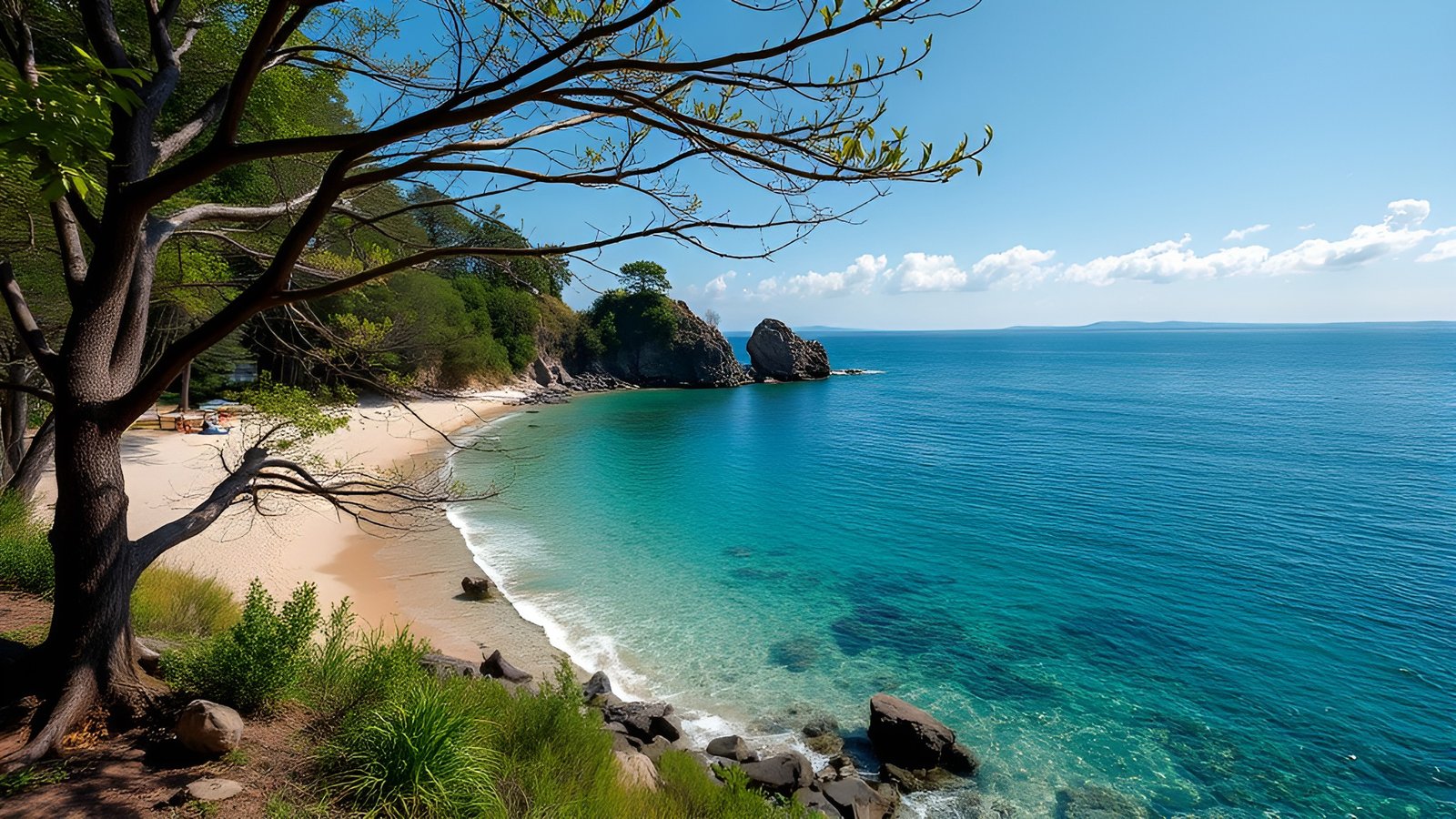 A nature photograph of a turquoise cove, sandy beach, and sea stacks