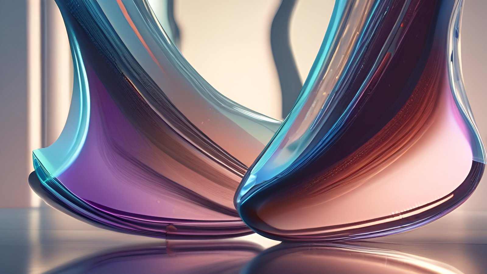 An abstract art of two twisted glass forms in cyan purple and peach on a reflective surface against a cream wall