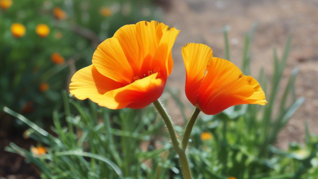 A floral photograph of two orange California poppies on hairy green stems in a sunny garden