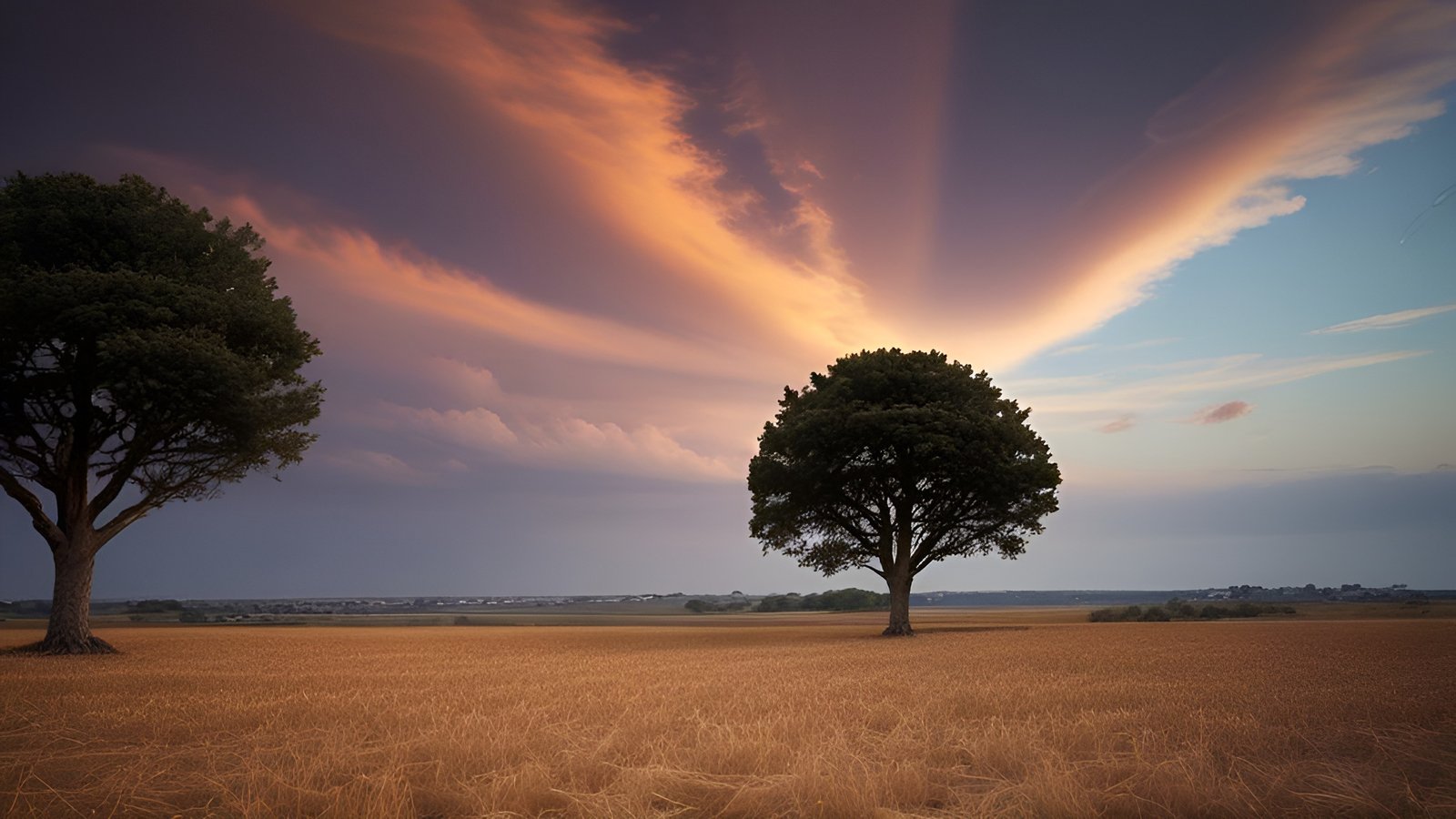 A nature photograph of two trees in a golden wheat field under a sunset sky