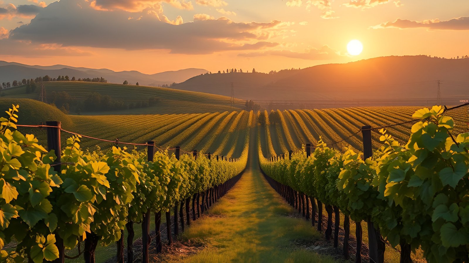 Rows of green vineyards leading to hills in golden sunset light with wooden posts