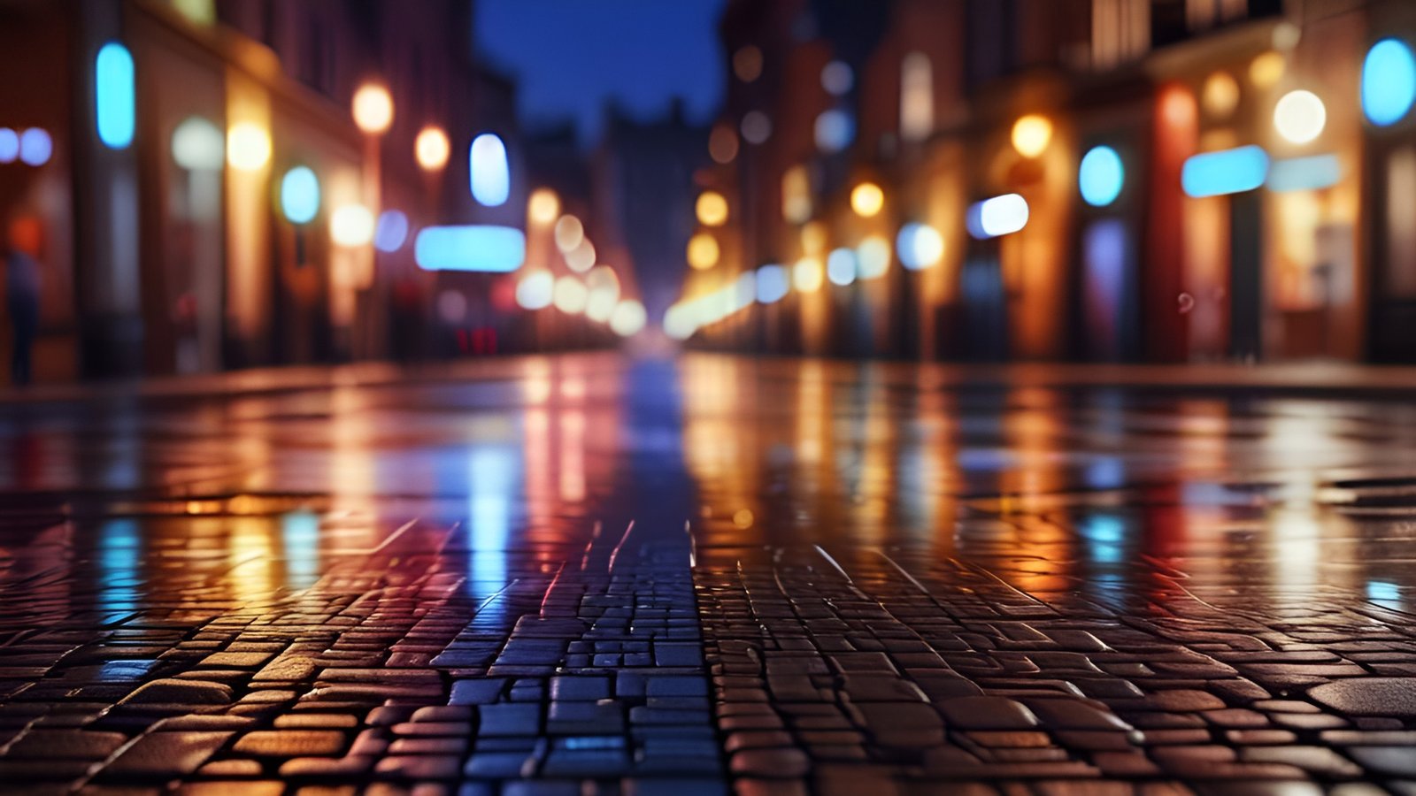 A wet cobblestone street at night with colorful light reflections