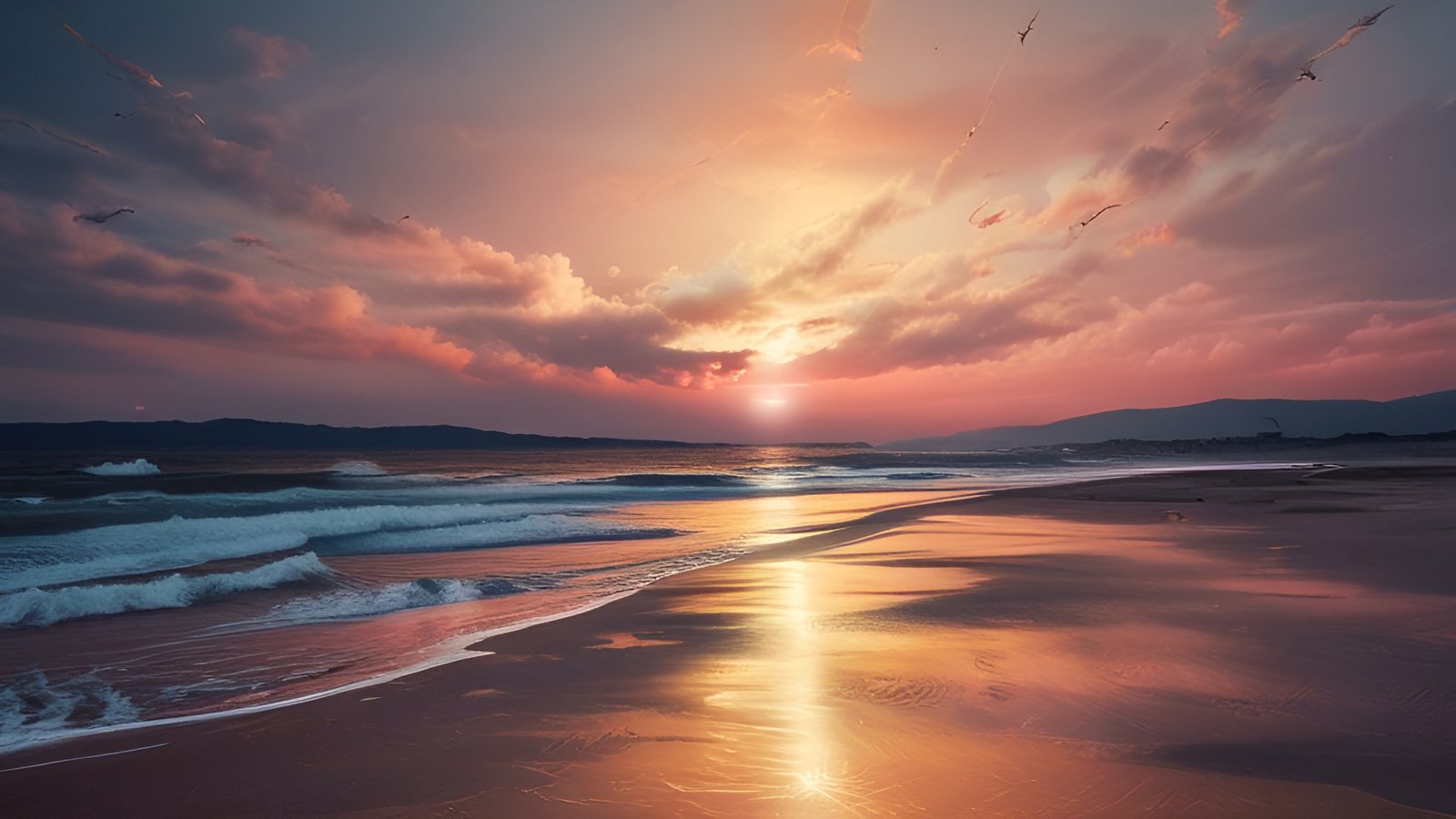 A nature photograph of a wet sand beach at sunset with pink and gold sky and white foam on the shore