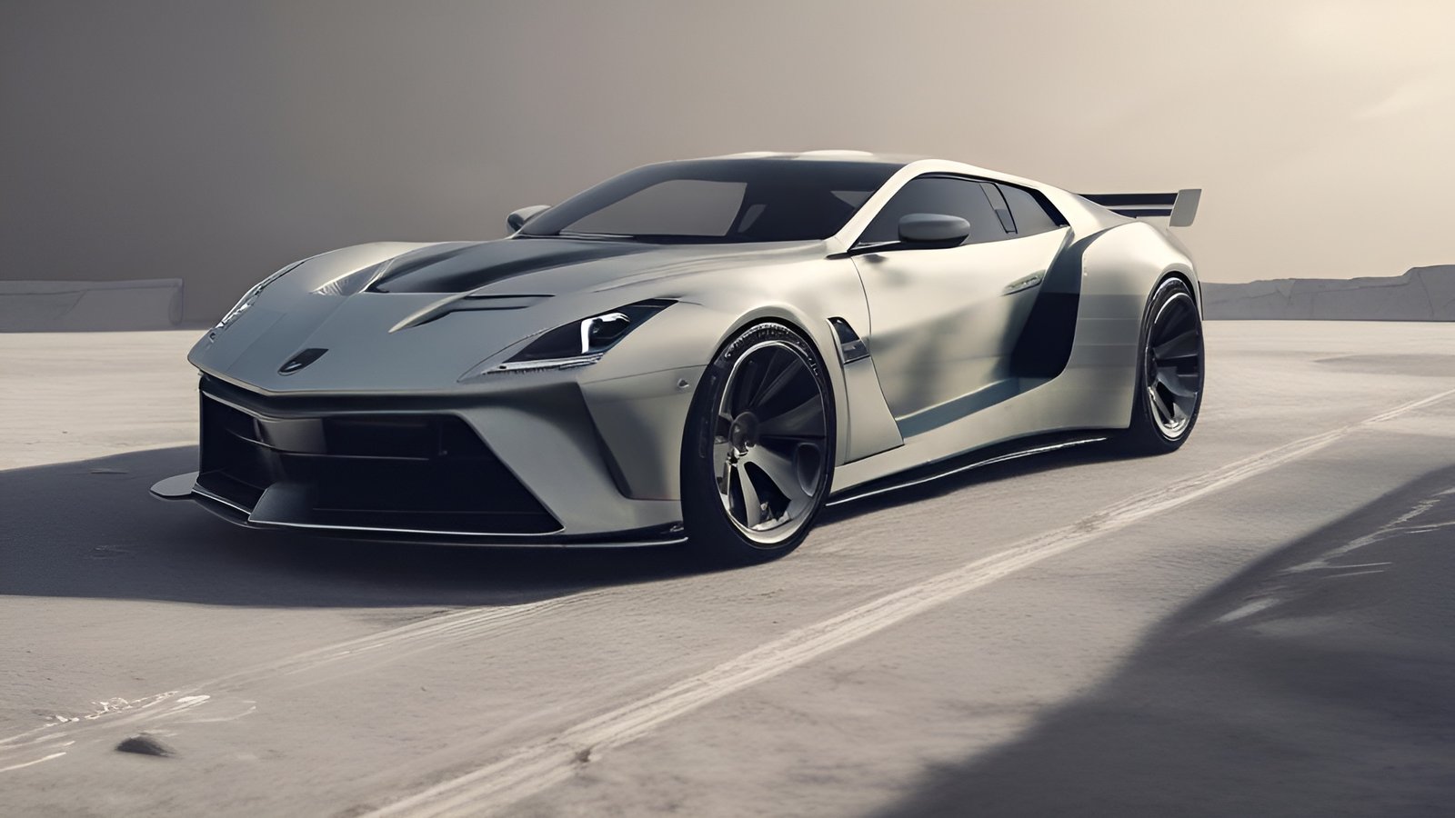 A 3d poster art of a white and black supercar with a rear wing on a pale paved road in a desert quarry