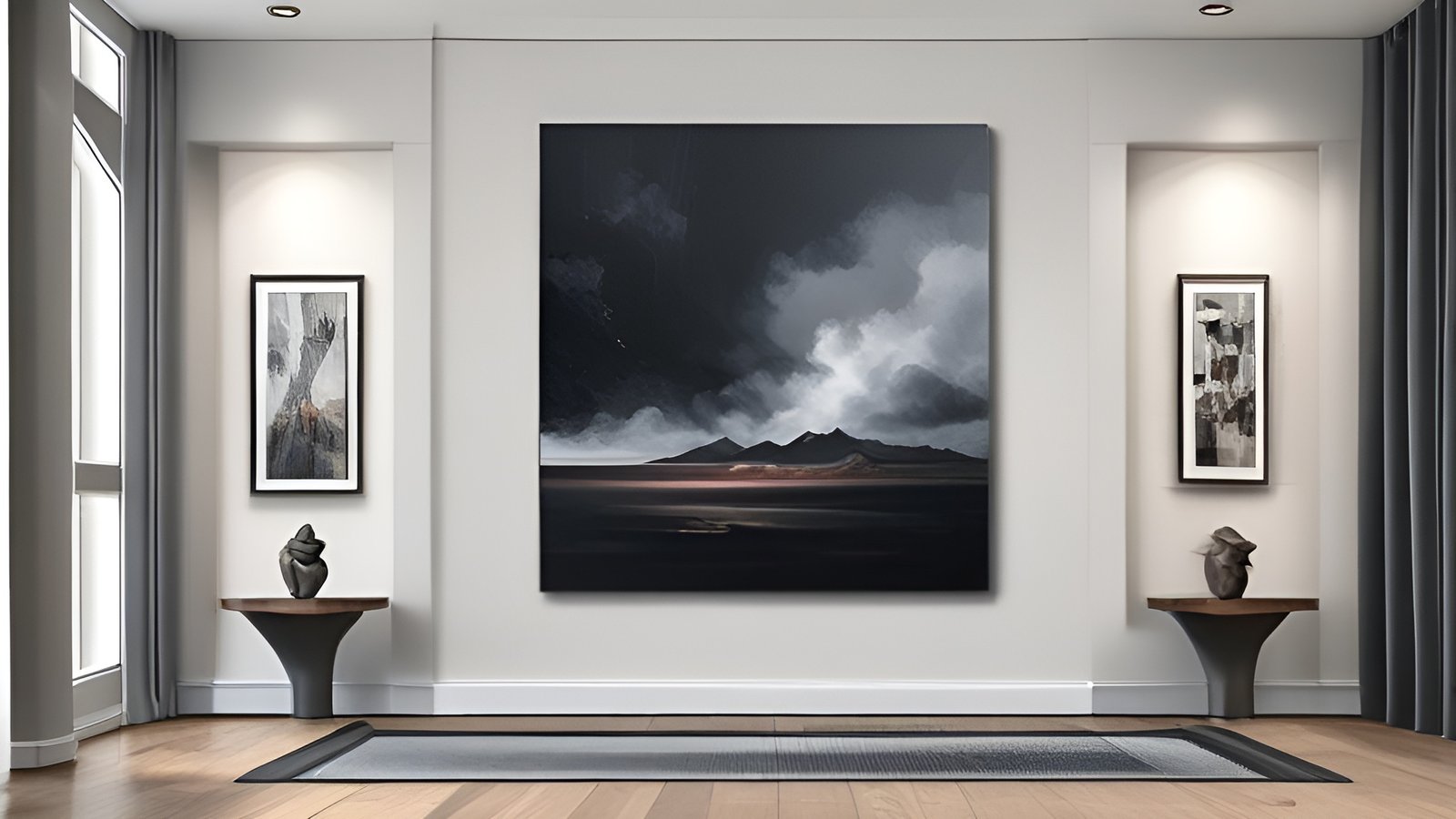 A creative photograph of a white gallery hall with a large dark storm-cloud mountain canvas, stone sculptures on cone tables, and a gray runner rug