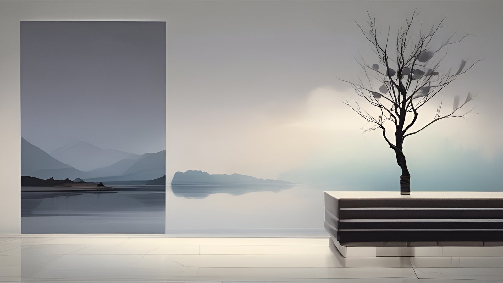 A modern art white gallery with a tall misty mountain and lake canvas, a low striped bench, and a leafless black tree sculpture in a pot