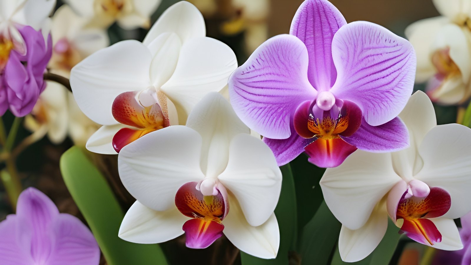 A floral photograph of white and purple phalaenopsis moth orchids with magenta and gold lips among green leaves