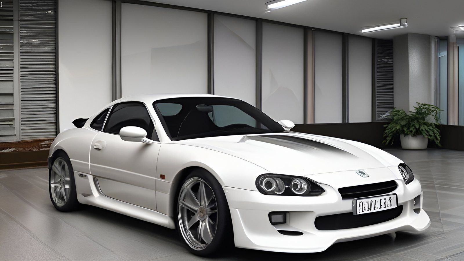 A 3d poster art white sports coupe on a showroom floor