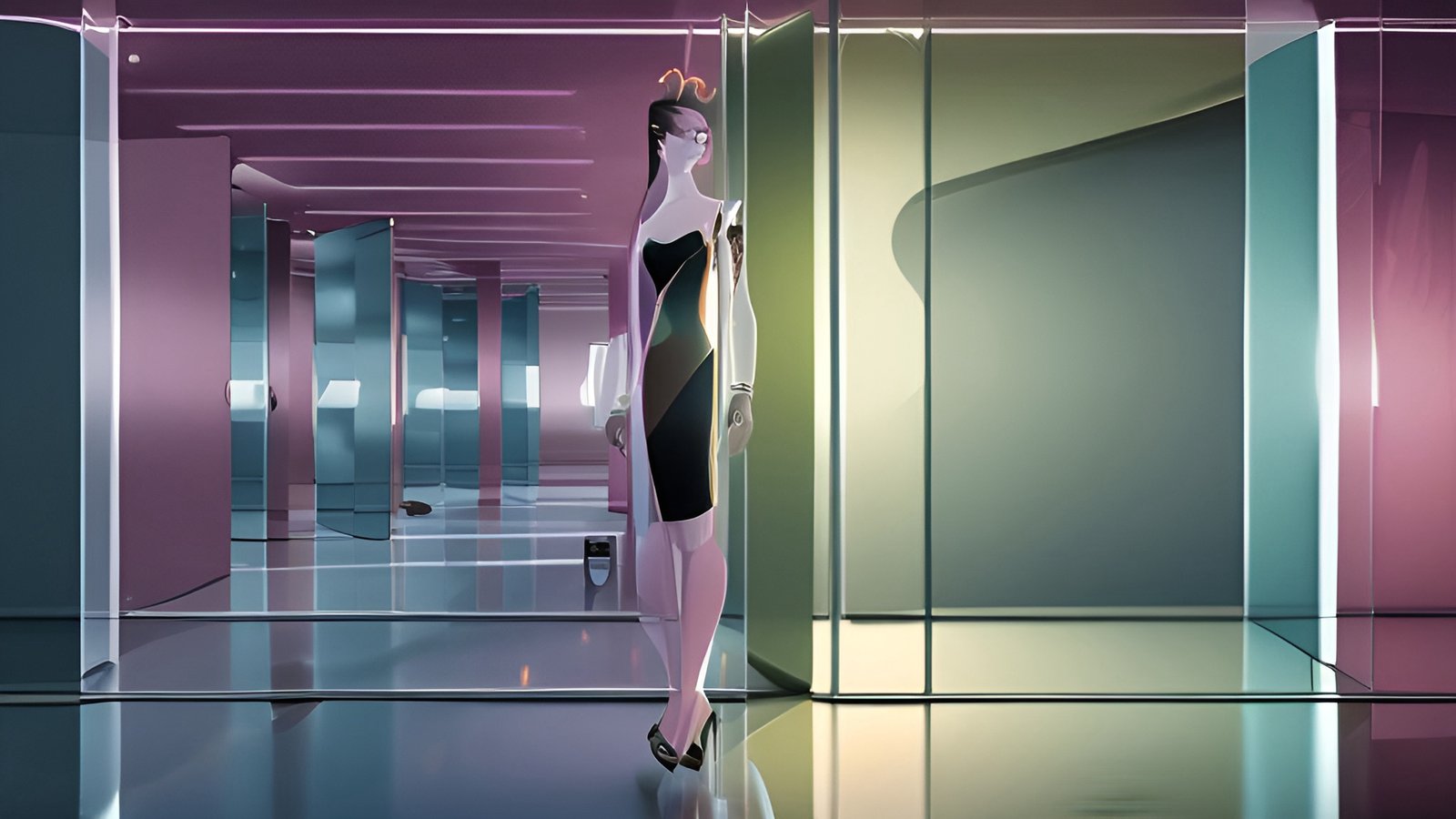 A painting of a woman in a black and gold strapless dress and heels in a pink and mint glass hallway with a glossy floor