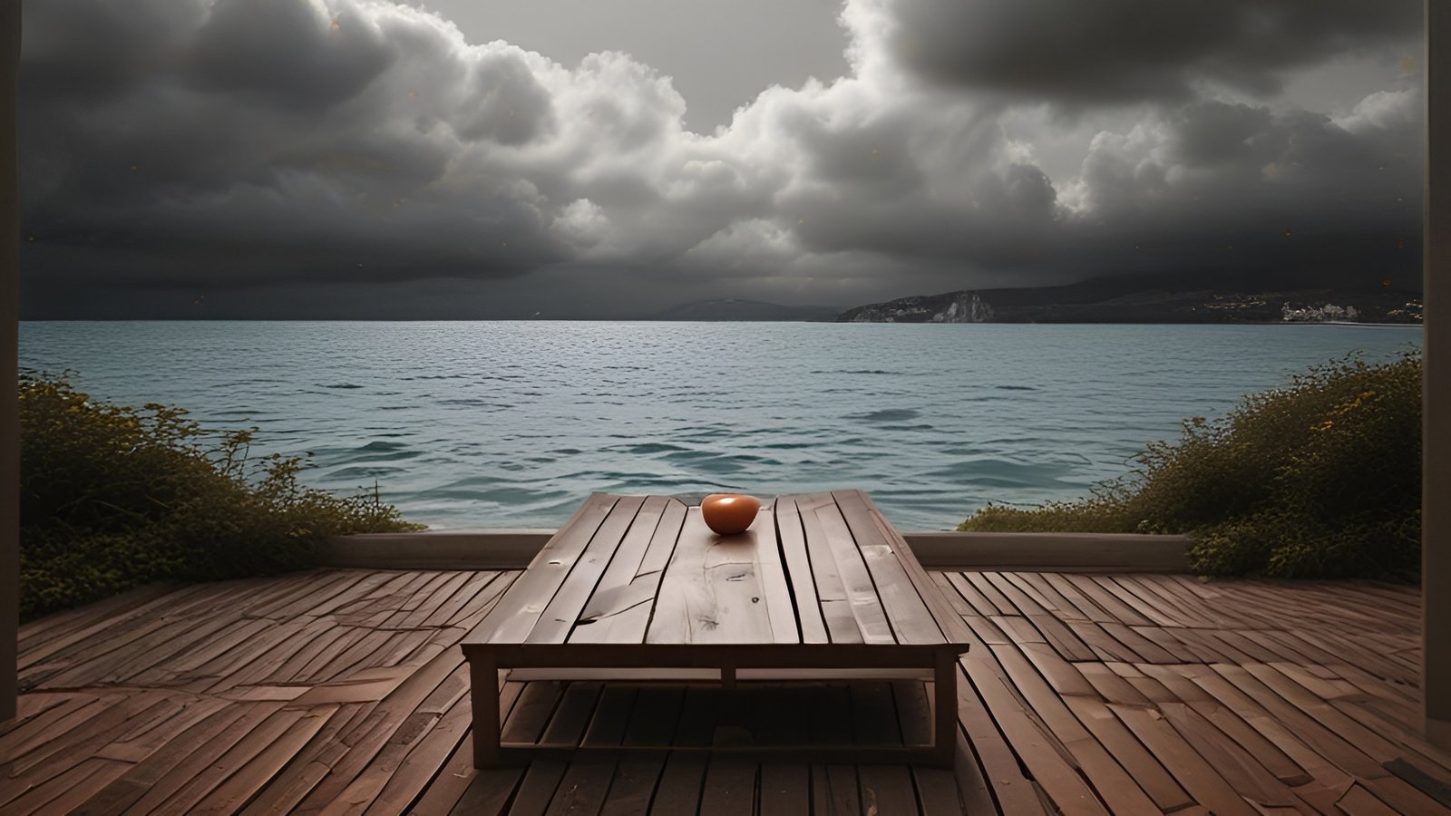 A creative photograph of a wood deck with an orange bowl facing a storm sea
