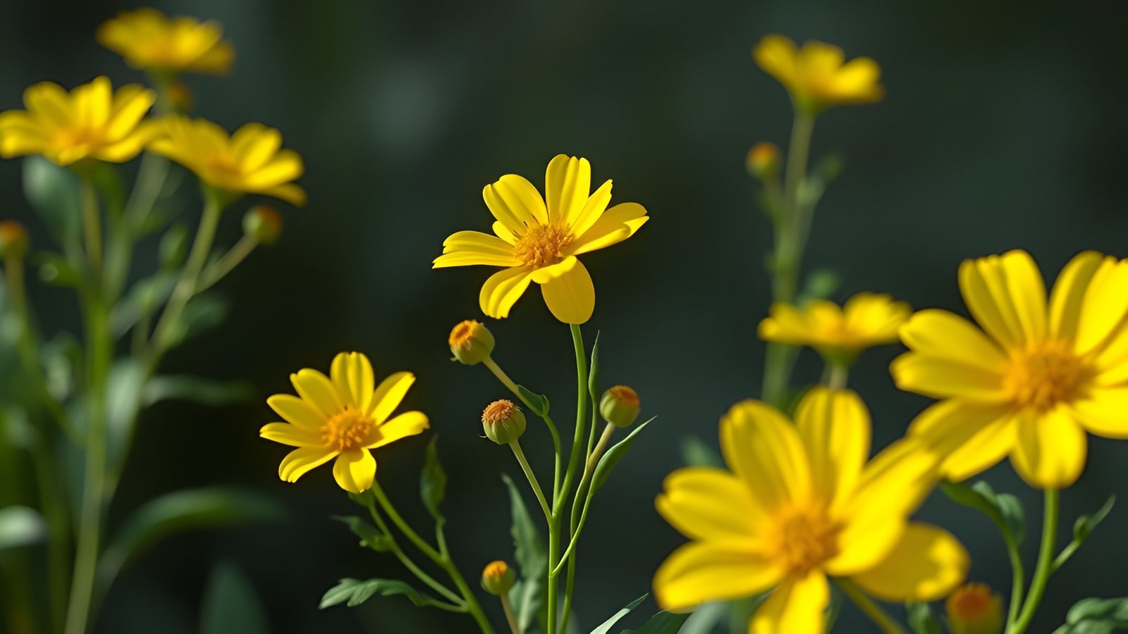 Yellow daisy flowers with orange centers and green stems against dark background in soft focus