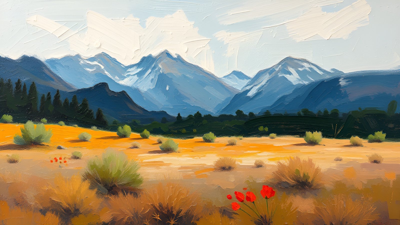 Yellow field with red flowers and pine trees against snowy mountains under blue sky