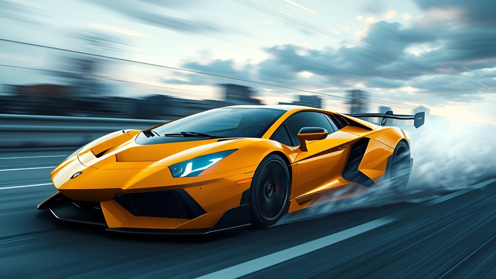 Yellow Lamborghini Aventador SVJ style car drifting on highway with tire smoke against urban skyline