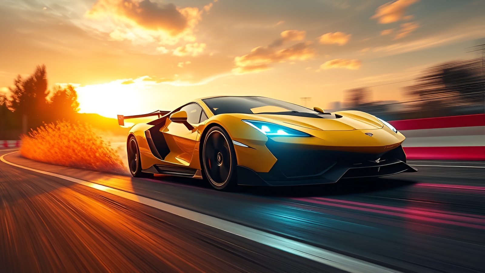 A 3d poster art yellow supercar on a sunset track with dust