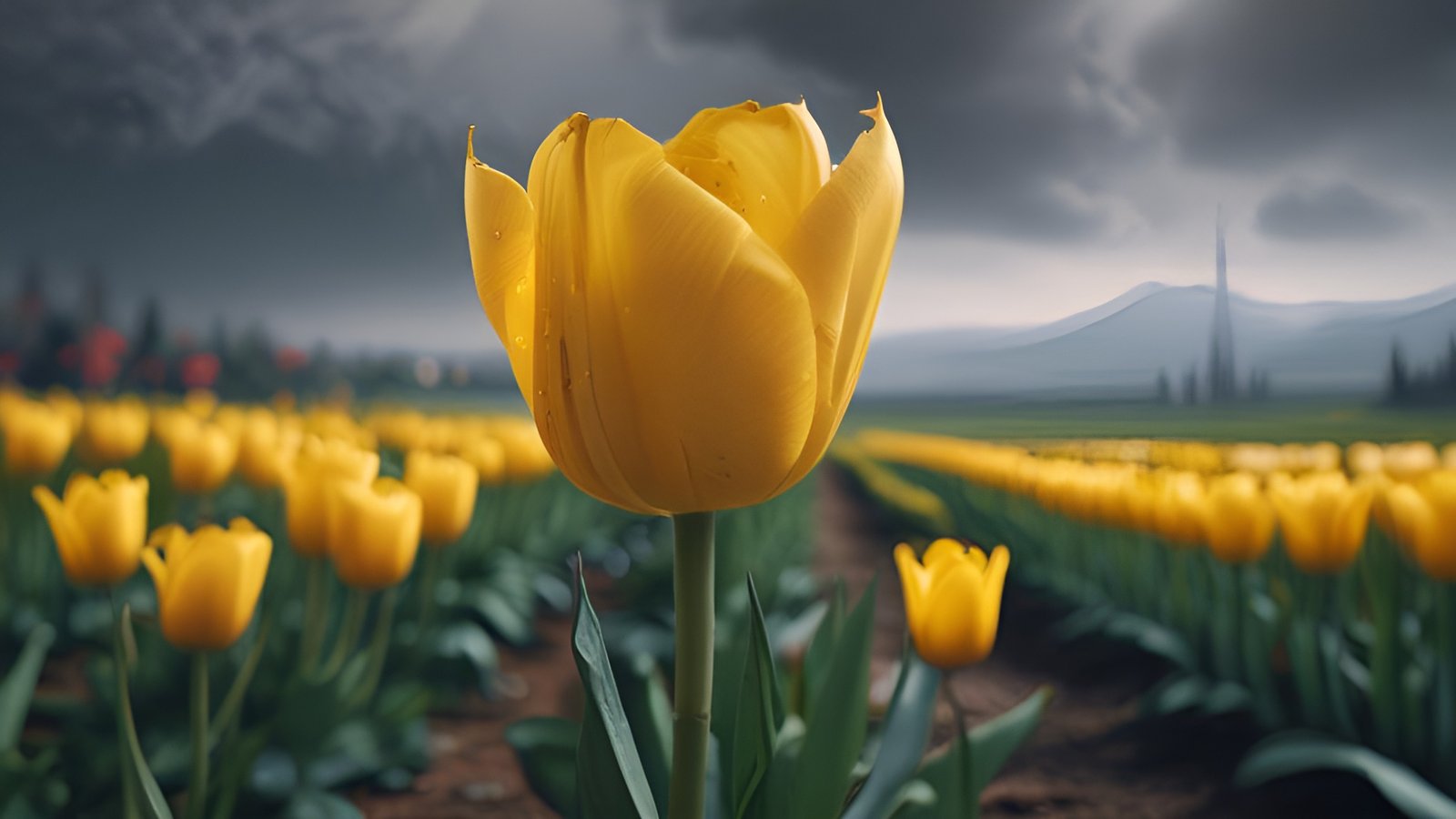 A floral photograph of a yellow tulip field under dark storm clouds with mountains and a dirt path