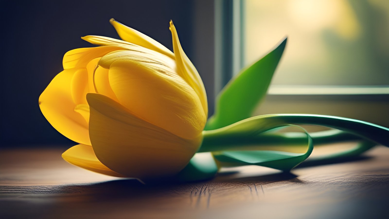 A floral photograph of a yellow tulip lying on wood near a sunlit window with a curved green stem