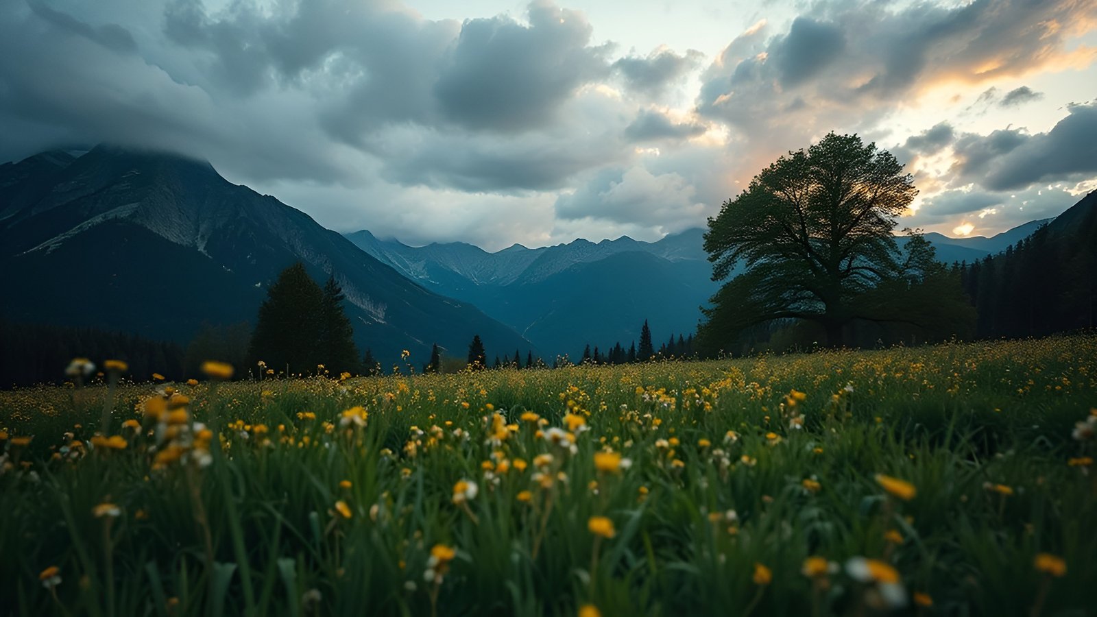A nature photograph of yellow wildflowers, a lone tree, and mountains at dusk